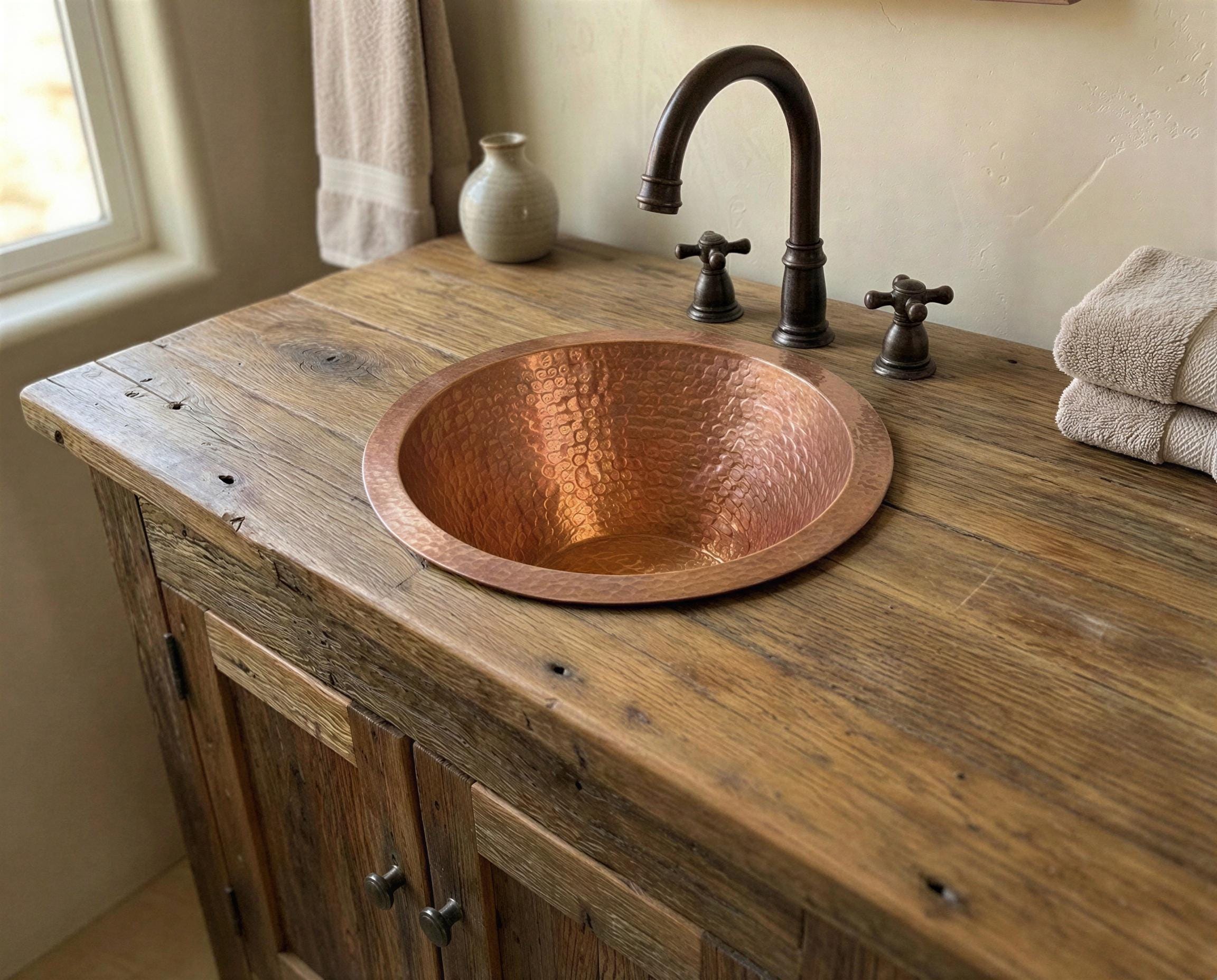 Round Drop In Copper Sink, Rustic Farmhouse Copper Washbasin, Powder Room Drop In Sink