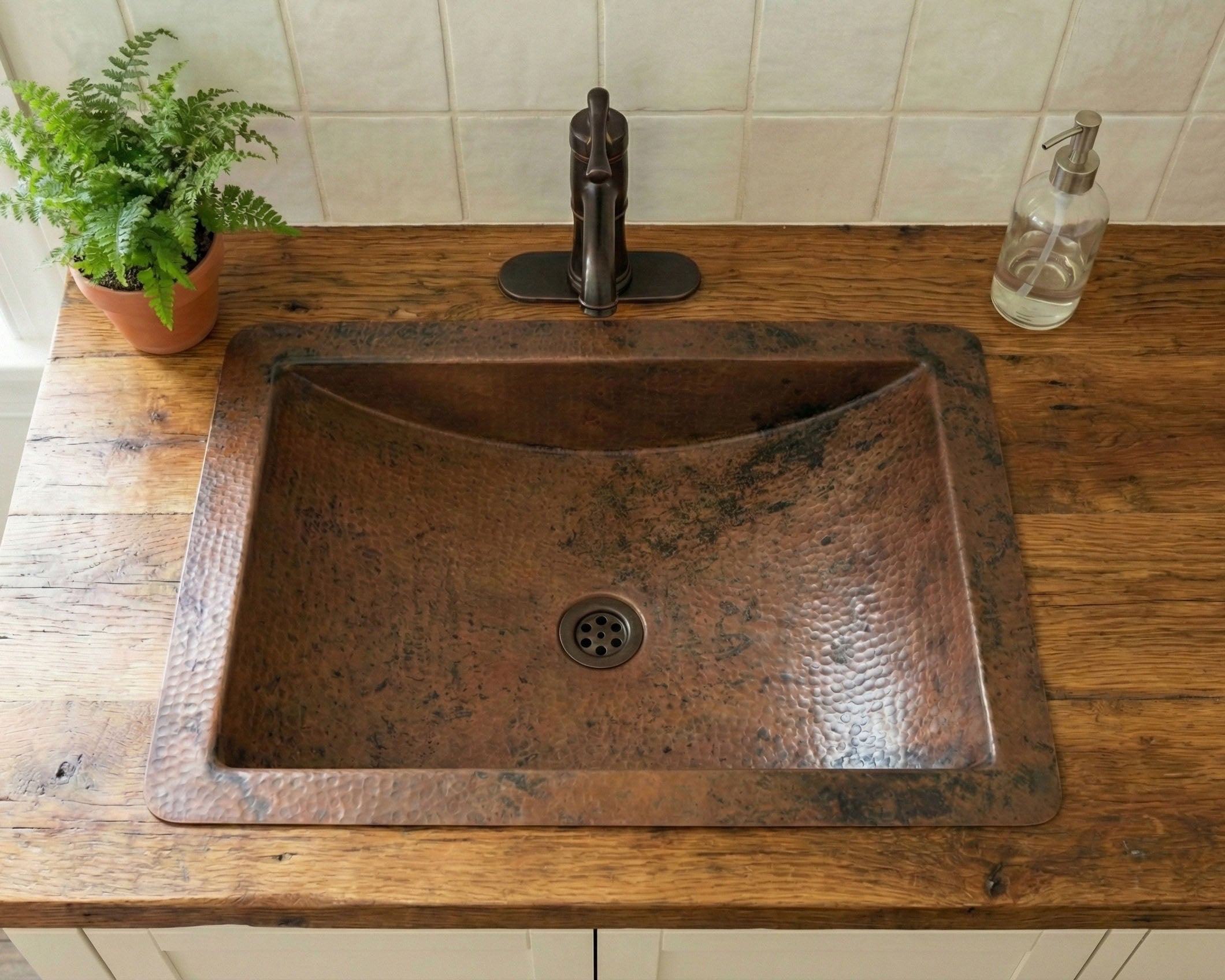 Aged Copper Drop In Sink: Hand Hammered Rectangular Basin with Dark Patina