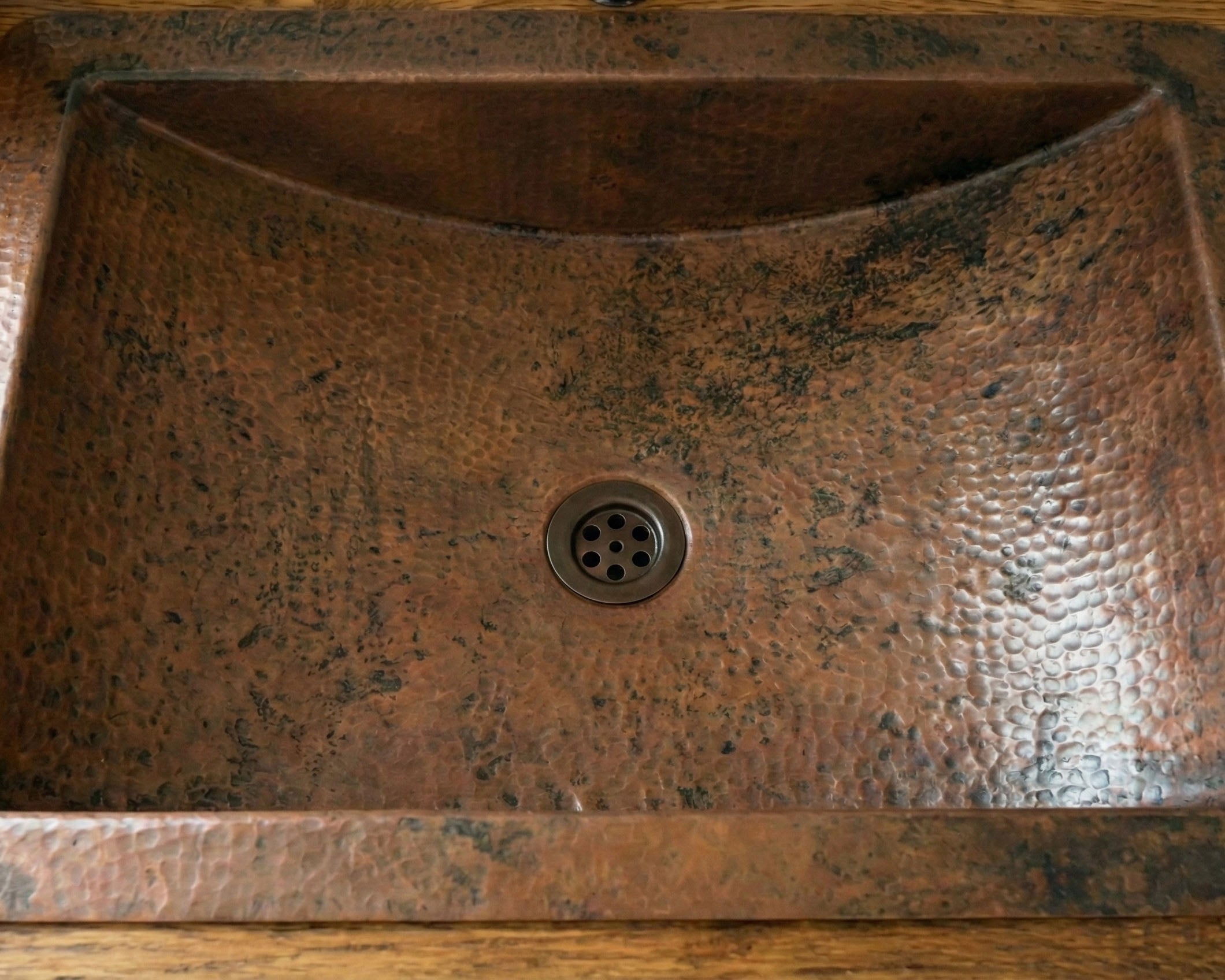 Aged Copper Drop In Sink: Hand Hammered Rectangular Basin with Dark Patina