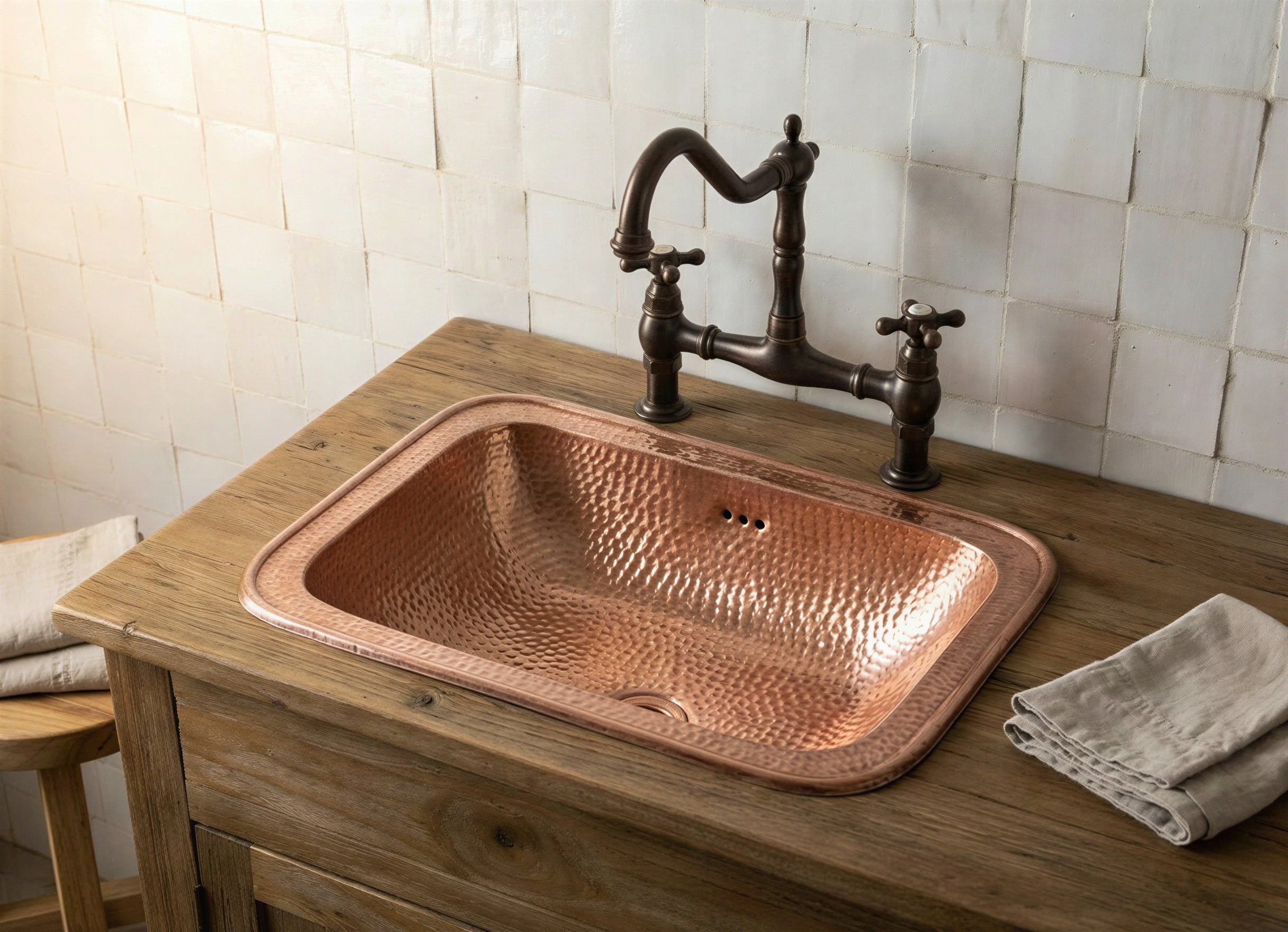 Hand Hammered Copper Drop In Sink | Rectangular Rustic Vanity Washbasin with Flat Rim