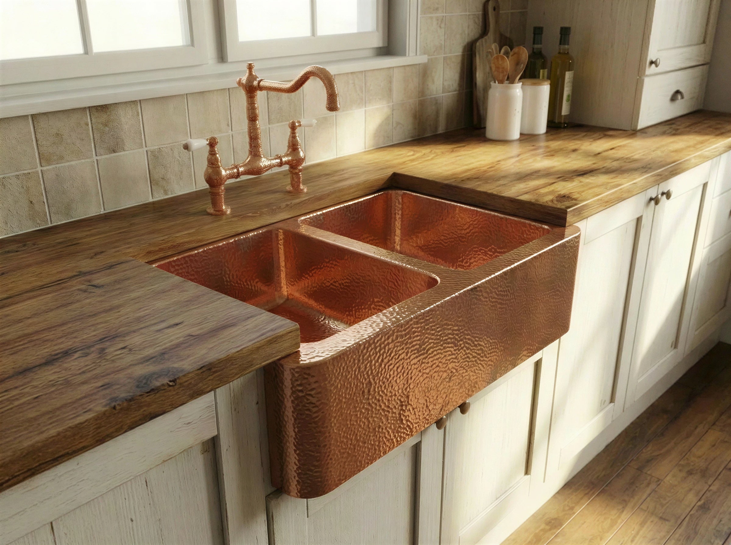 Copper Farmhouse Sink Double Bowl, Hammered Dual Basin Kitchen Sink, 50/50 Split Apron Front