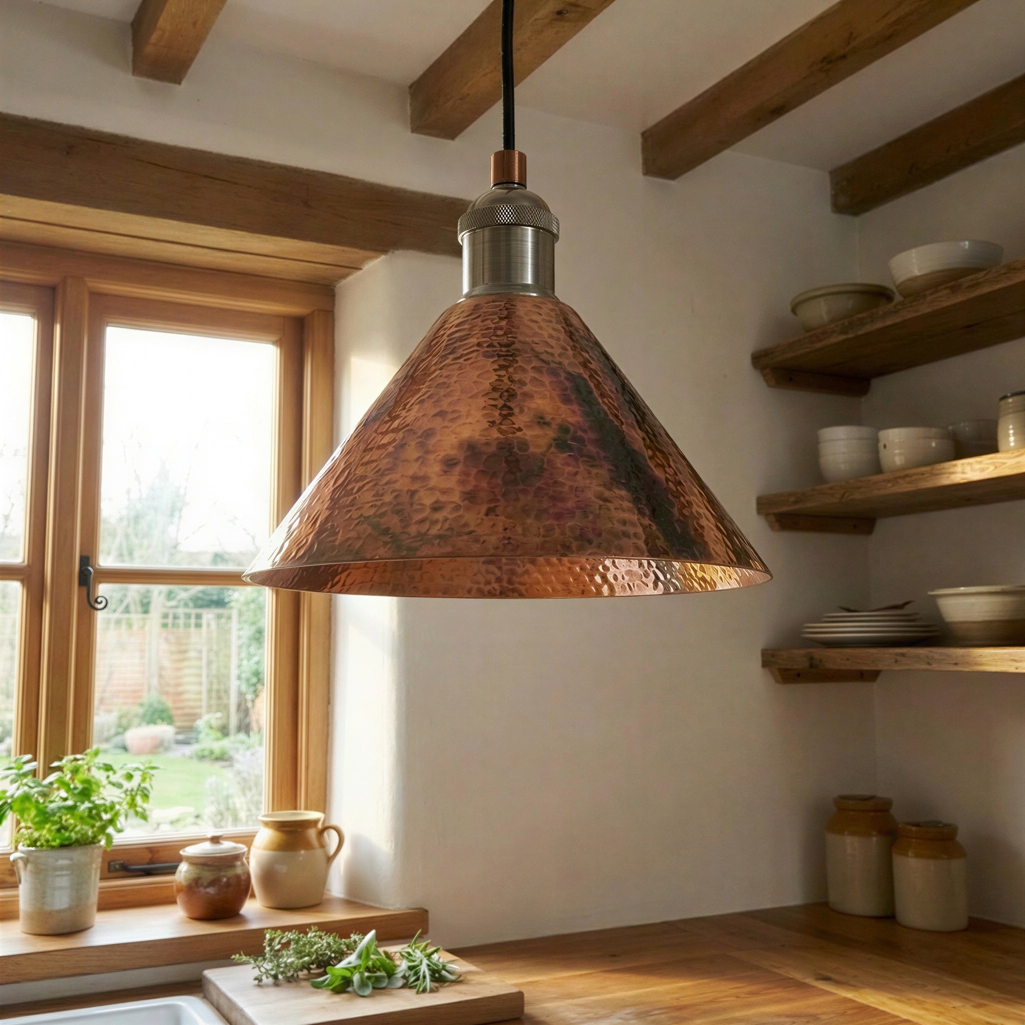 Copper Cone Pendant Light Hammered – Rustic Industrial Ceiling Lamp for Kitchen Island