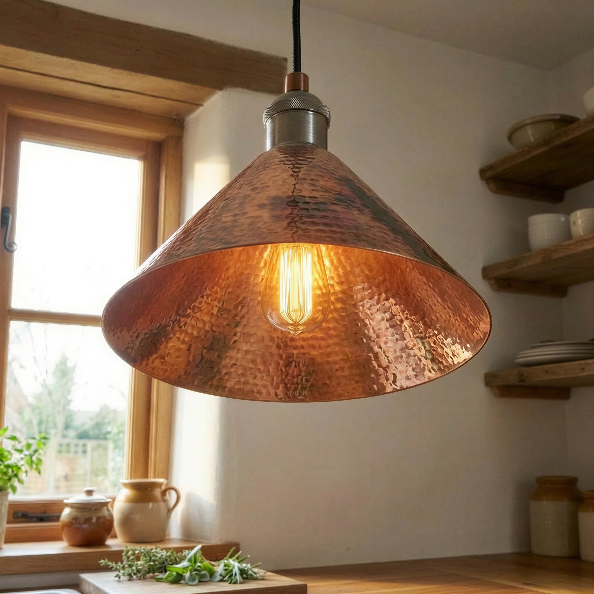 Copper Cone Pendant Light Hammered – Rustic Industrial Ceiling Lamp for Kitchen Island