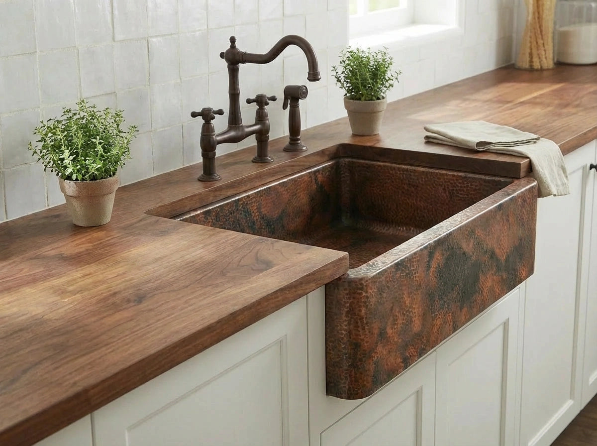 Dark Antique Copper Farmhouse Sink | Farmhouse Apron Front, Rustic Single Bowl Kitchen Sink