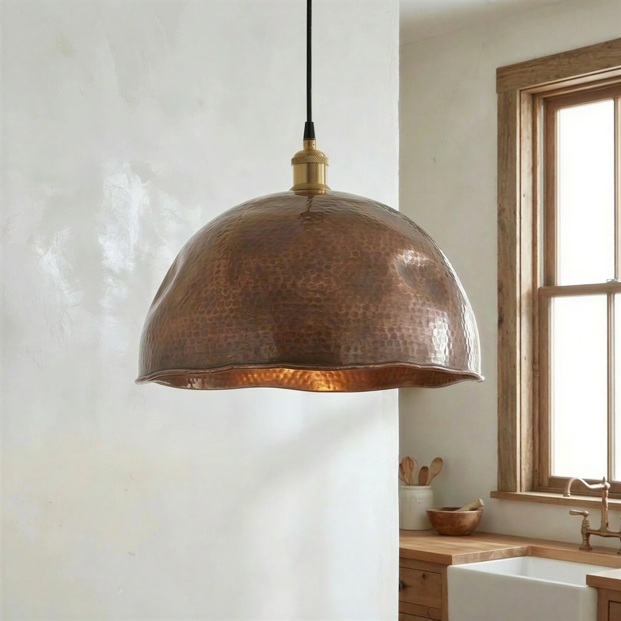Hammered Copper Pendant Lamp – Organic Dome Shade for Kitchen or Living Room