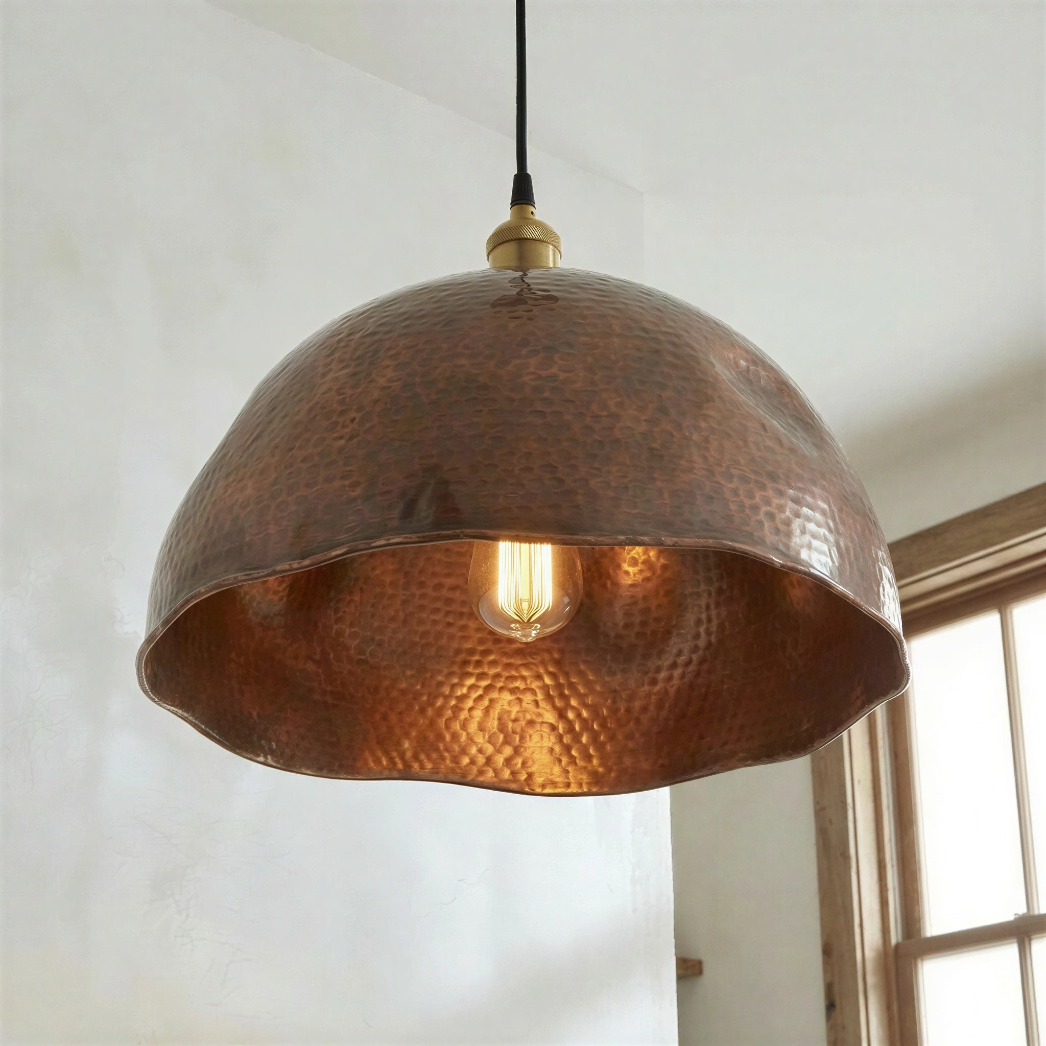 Hammered Copper Pendant Lamp – Organic Dome Shade for Kitchen or Living Room
