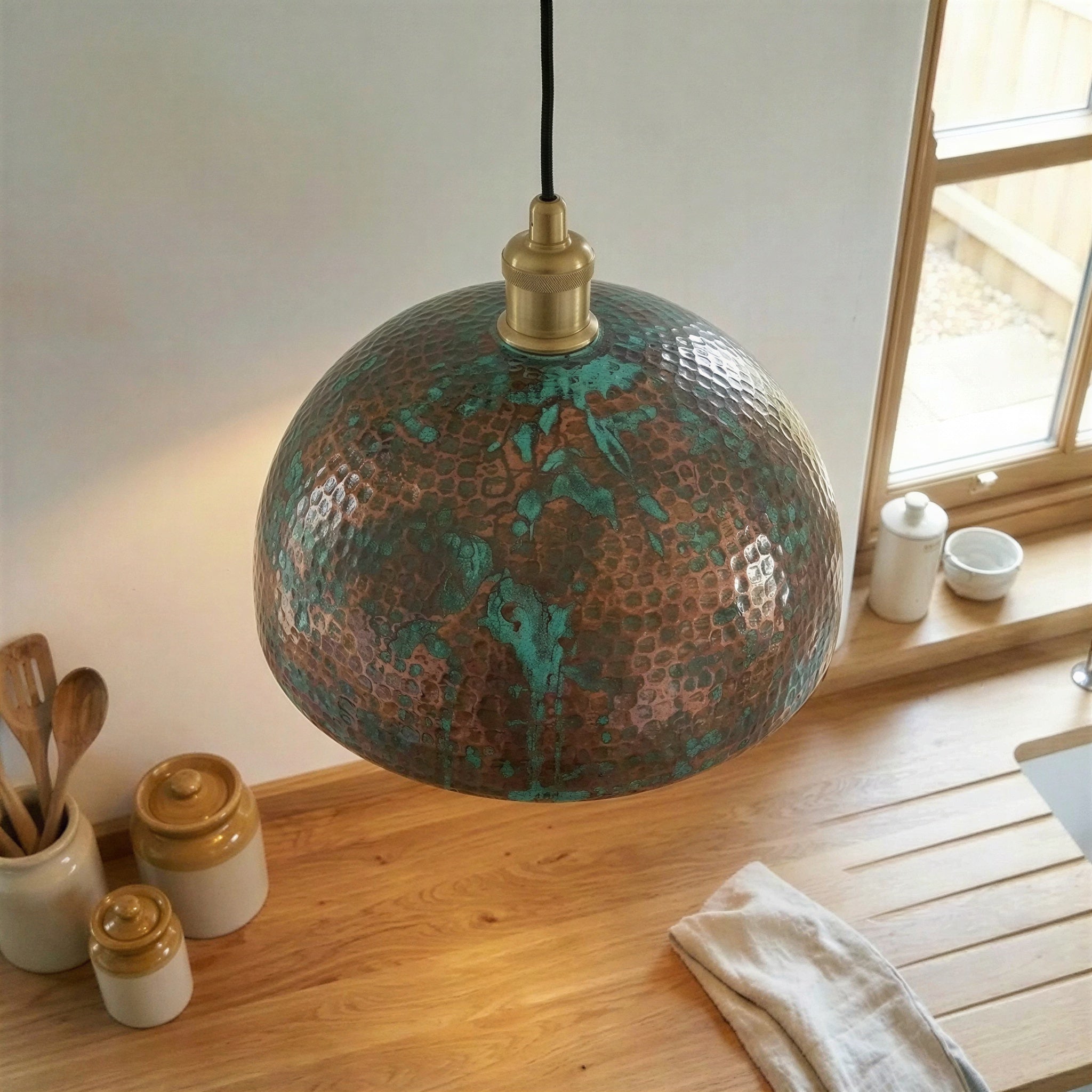 Oxidized Copper Pendant Light – Verdigris Drip Dome Shade