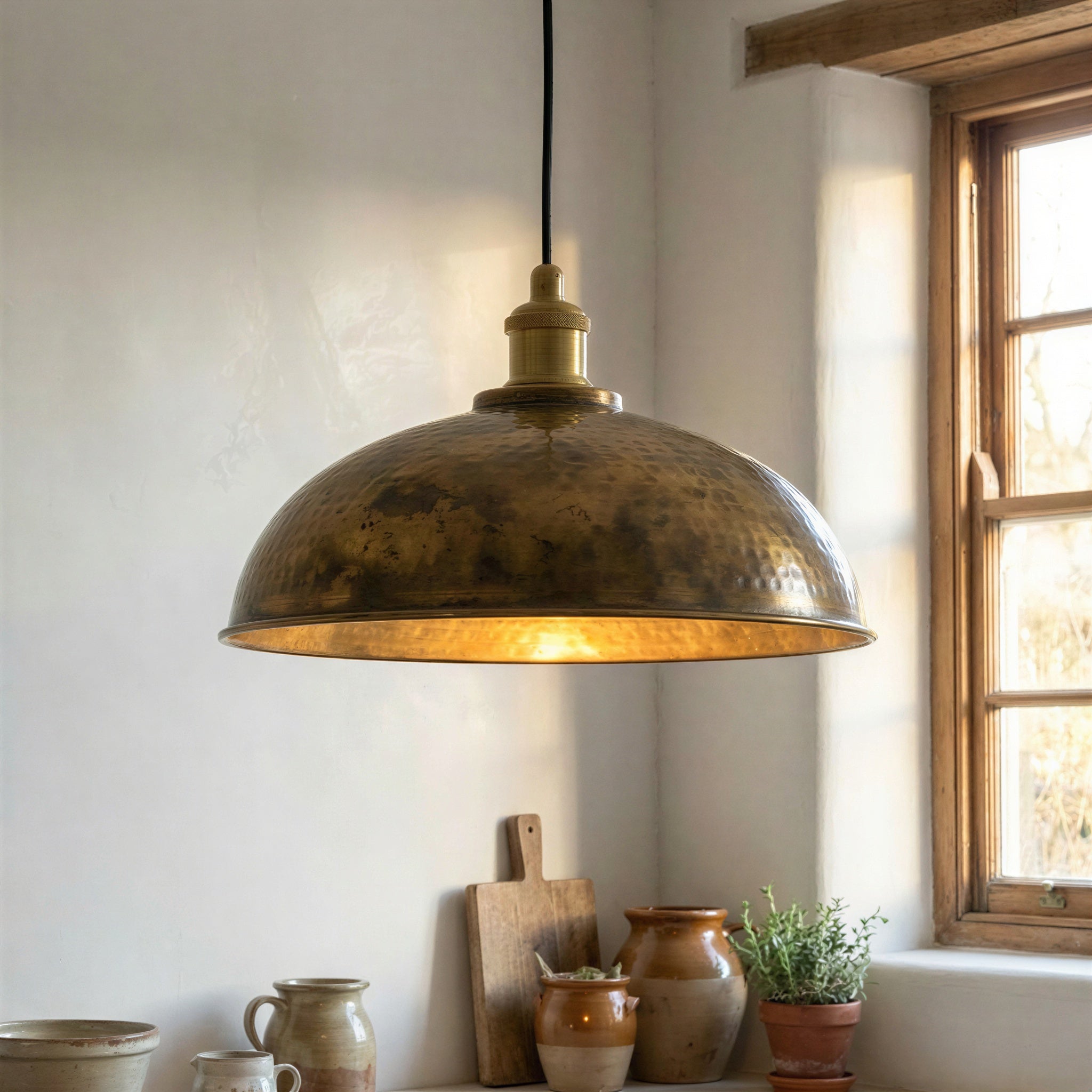 Patina Brass Pendant Light, Hand Hammered Rustic Ceiling Fixture, Farmhouse Dome Ceiling Light