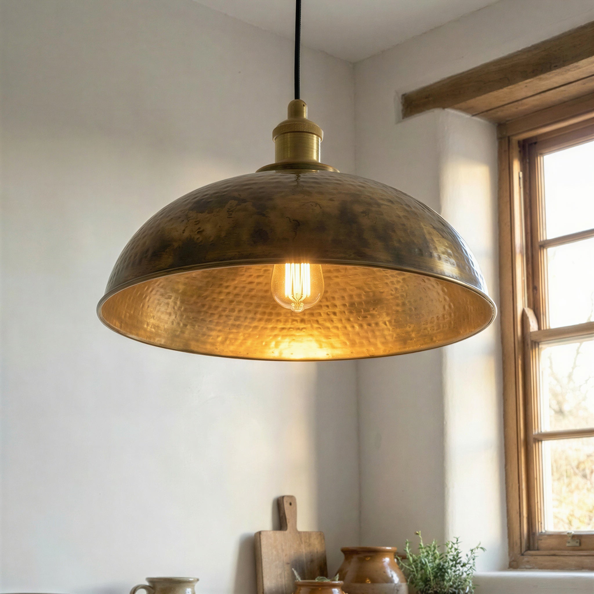 Patina Brass Pendant Light, Hand Hammered Rustic Ceiling Fixture, Farmhouse Dome Ceiling Light