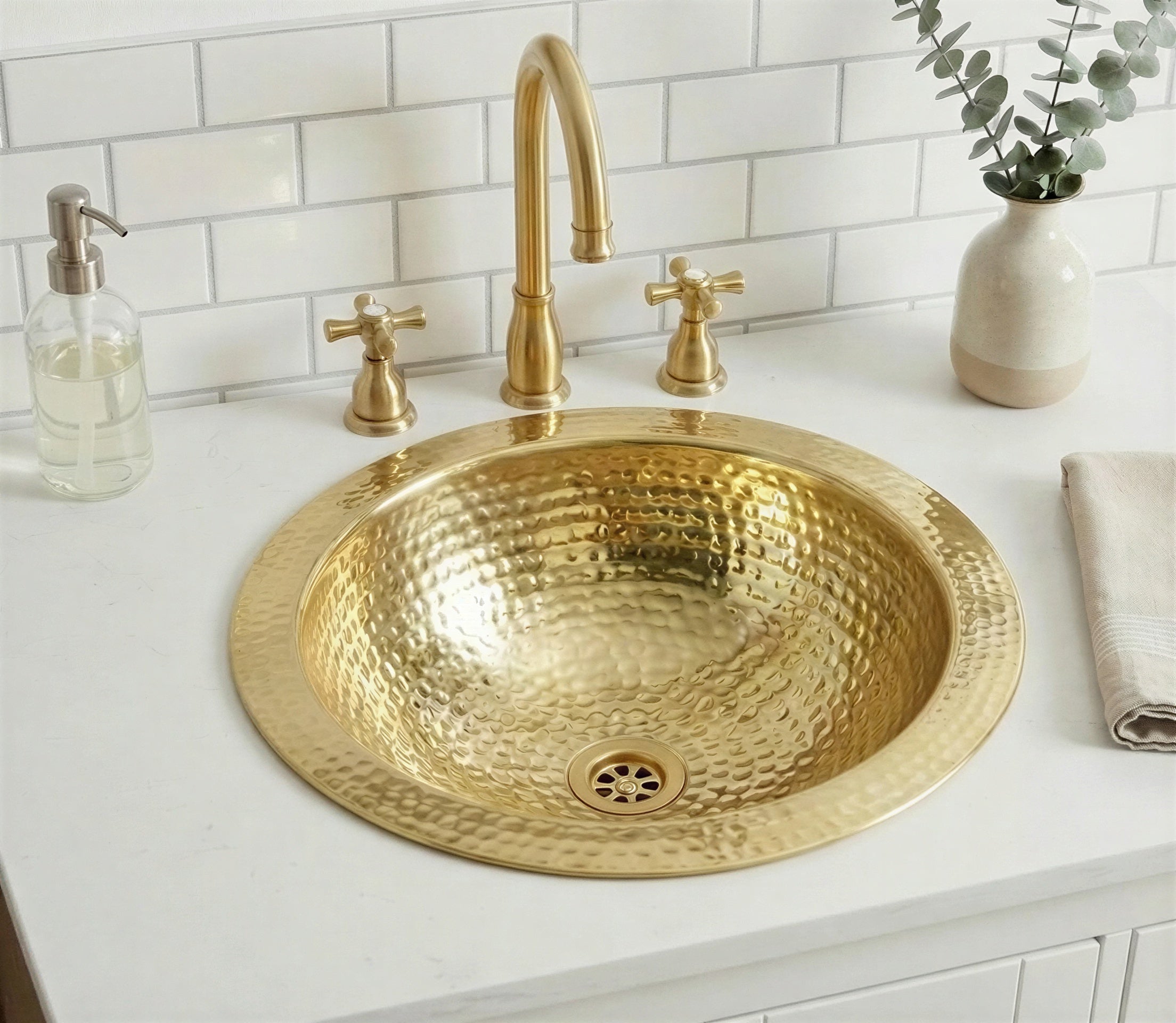 Hammered Brass Round Sink, Gold Drop In Bathroom Vanity Sink, Handcrafted Gold Bathroom Sink