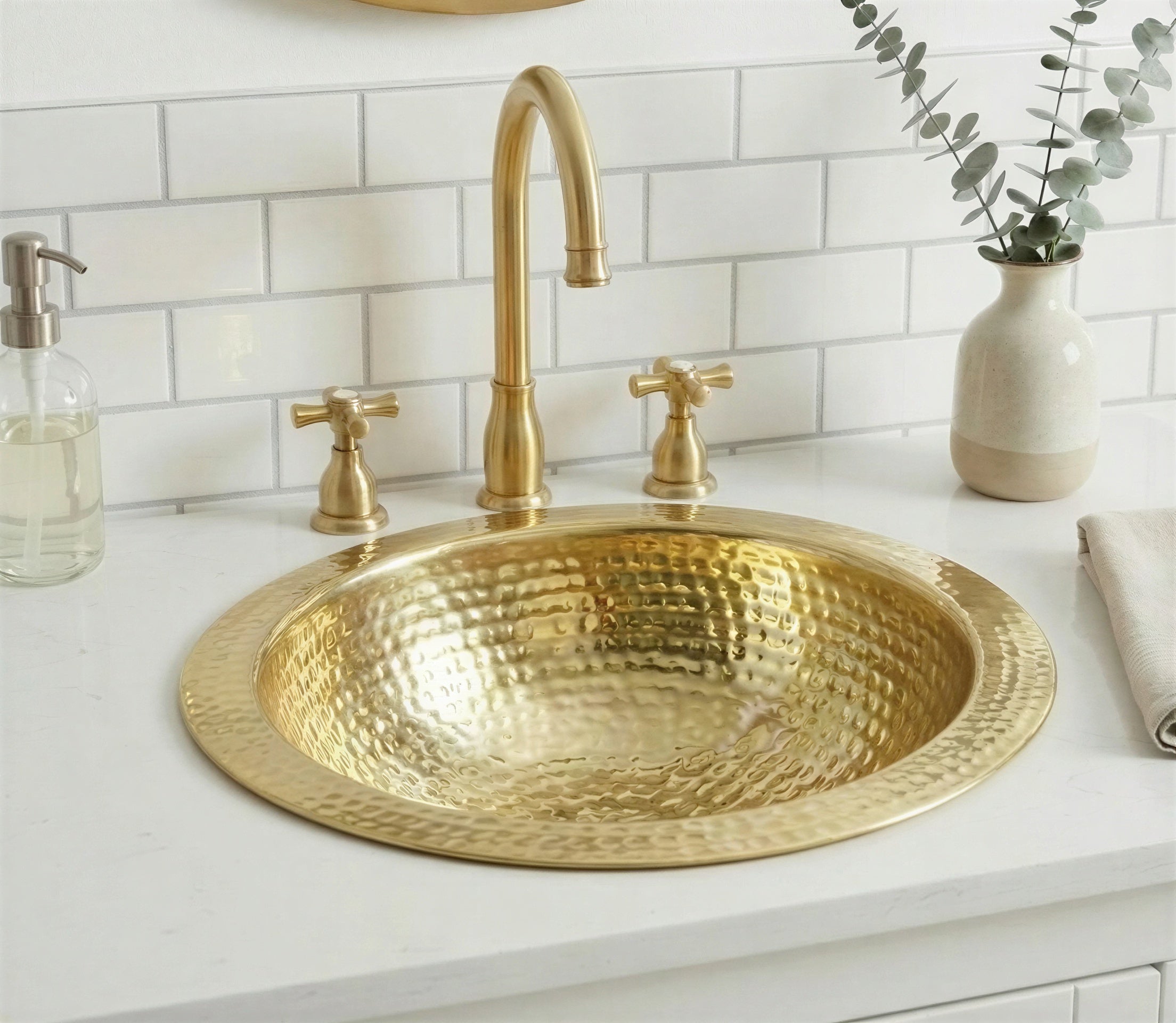 Hammered Brass Round Sink, Gold Drop In Bathroom Vanity Sink, Handcrafted Gold Bathroom Sink