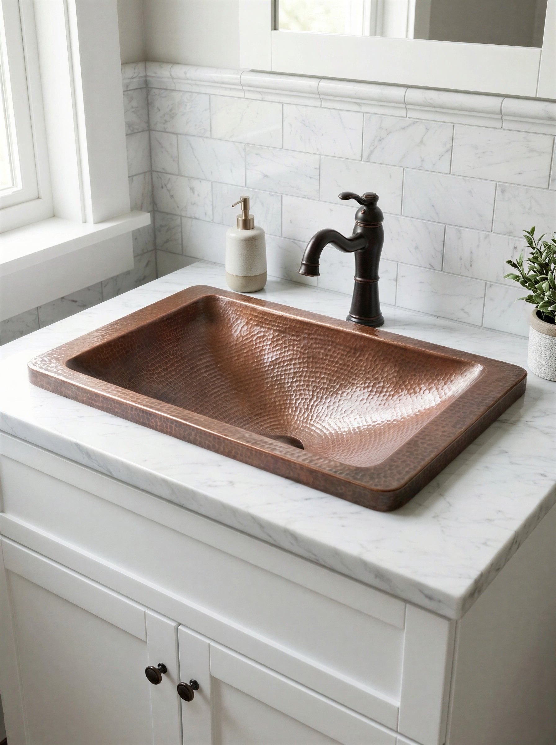 Hammered Copper Drop In Sink, Top Mount Bathroom Basin, Rectangular Wide Rim Vanity Sink