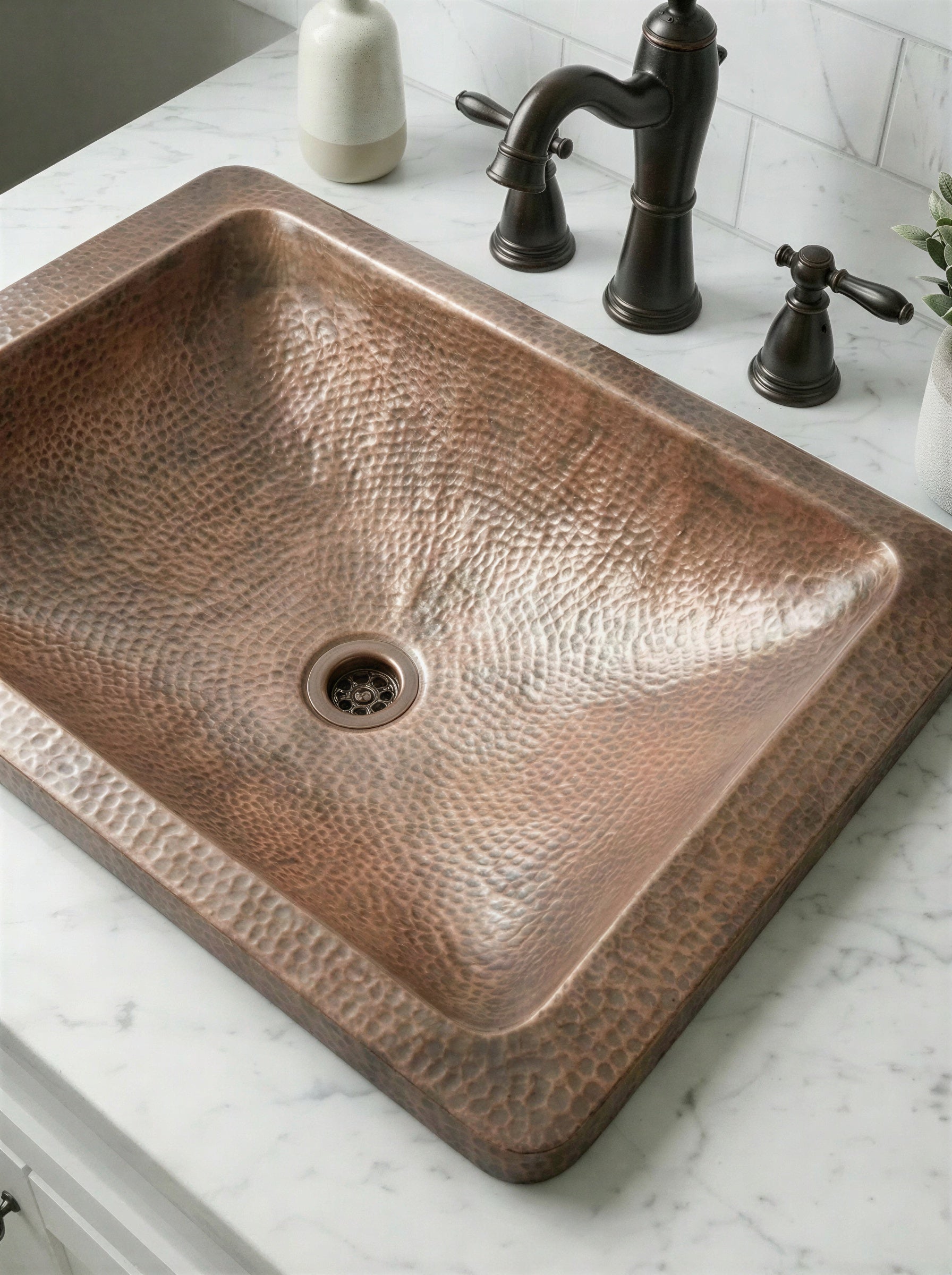 Hammered Copper Drop In Sink, Top Mount Bathroom Basin, Rectangular Wide Rim Vanity Sink