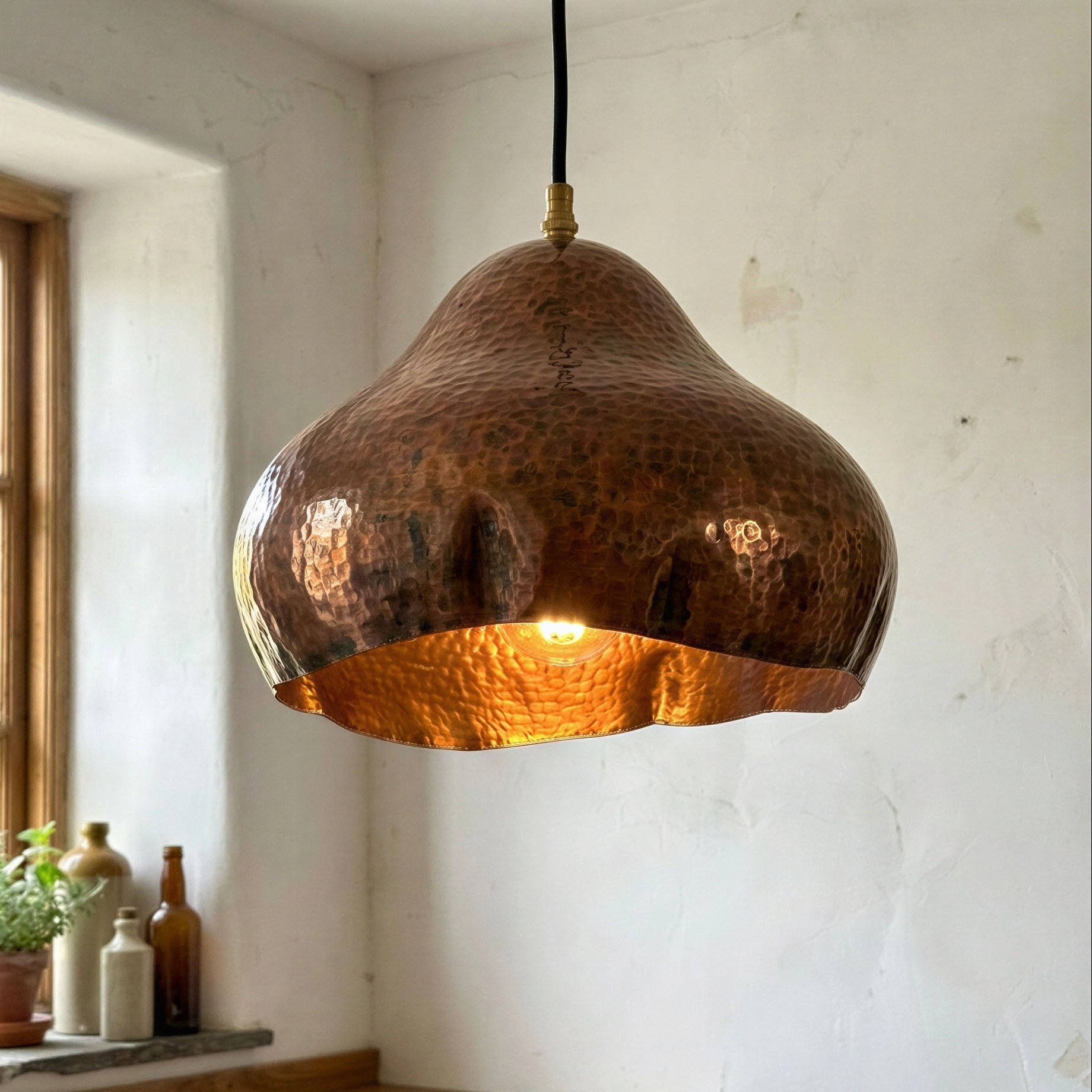 Copper Pendant Light Hammered Dome – Rustic Wavy Edge Ceiling Lamp for Kitchen Island