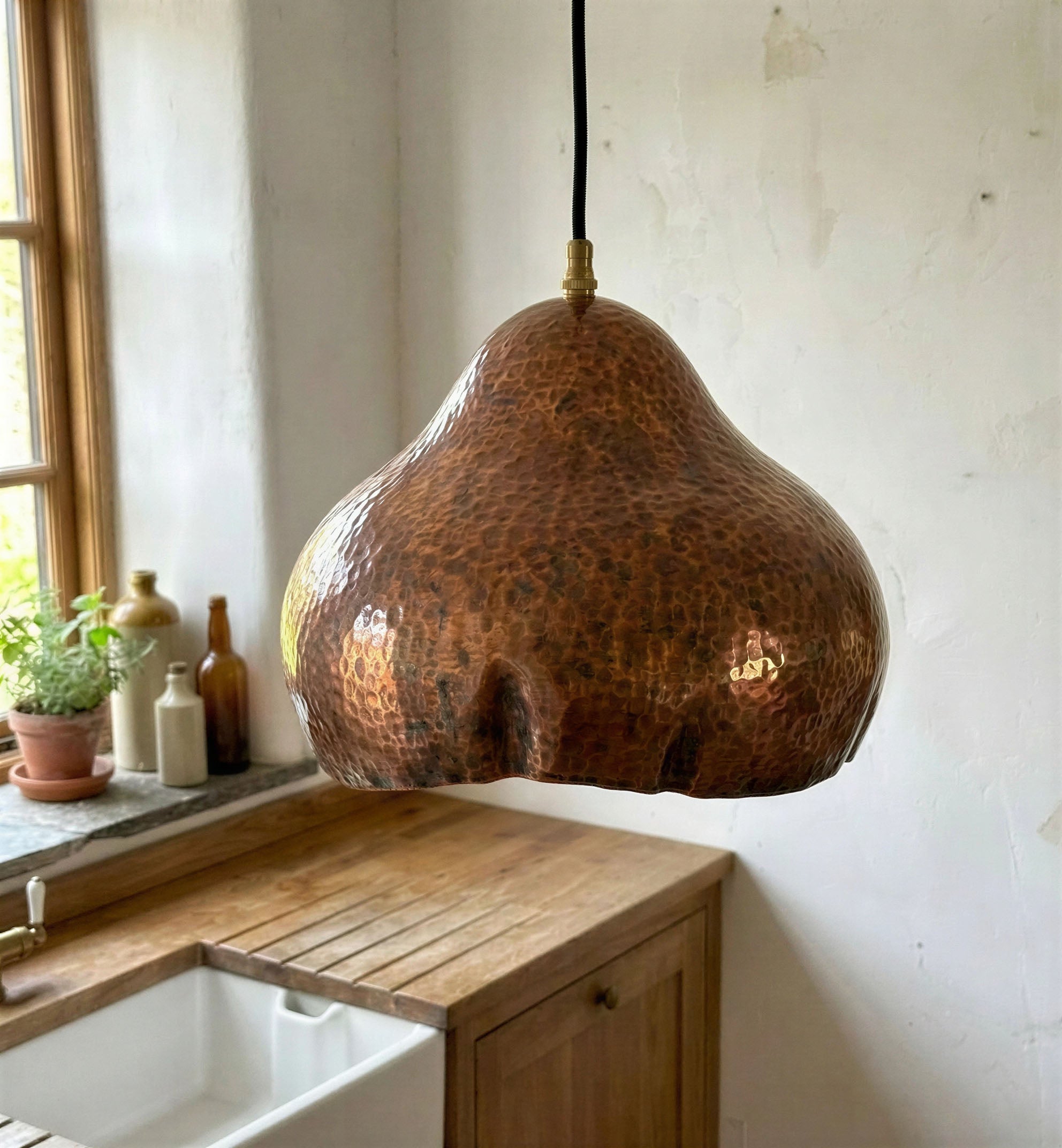 Copper Pendant Light Hammered Dome – Rustic Wavy Edge Ceiling Lamp for Kitchen Island