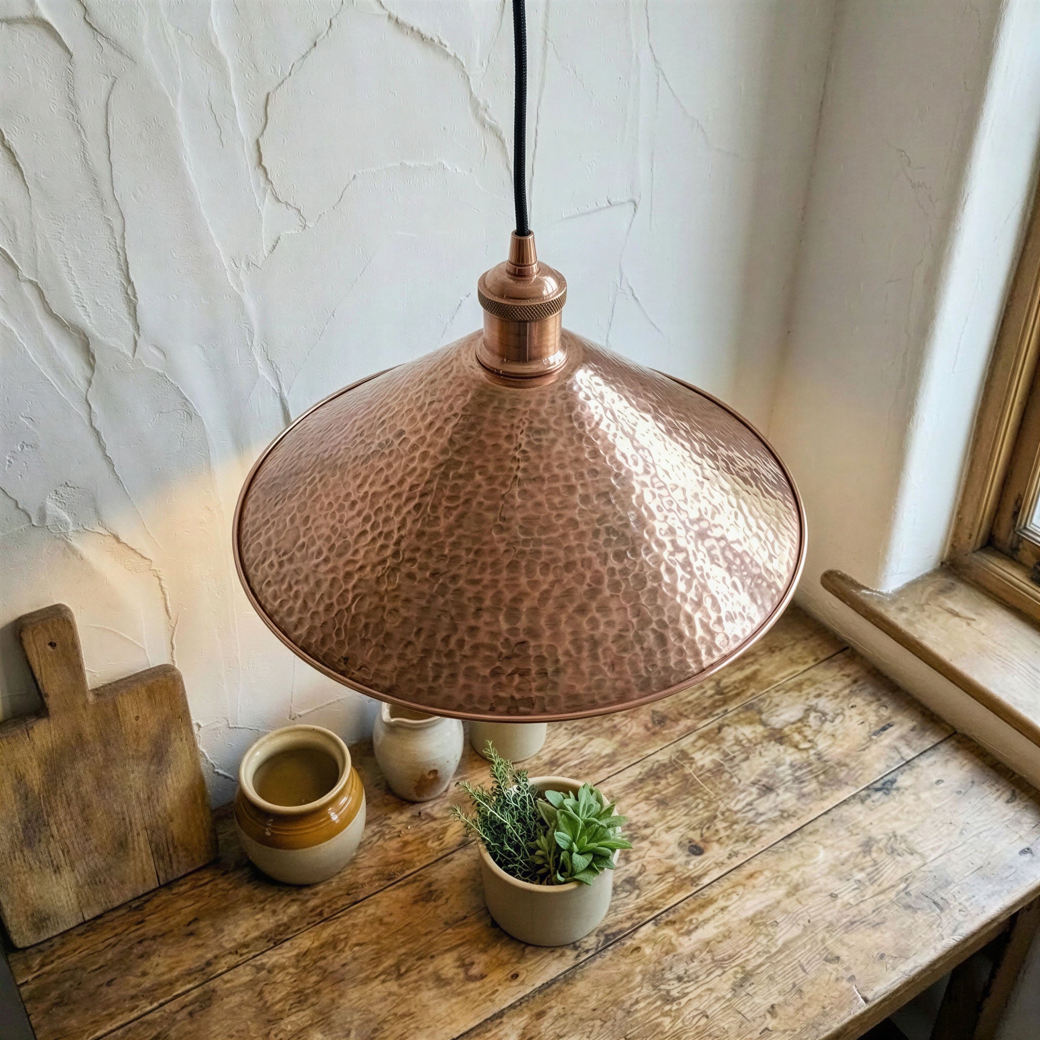 Copper Cone Pendant Light Hammered – Handcrafted Ceiling Lamp for Kitchen Island