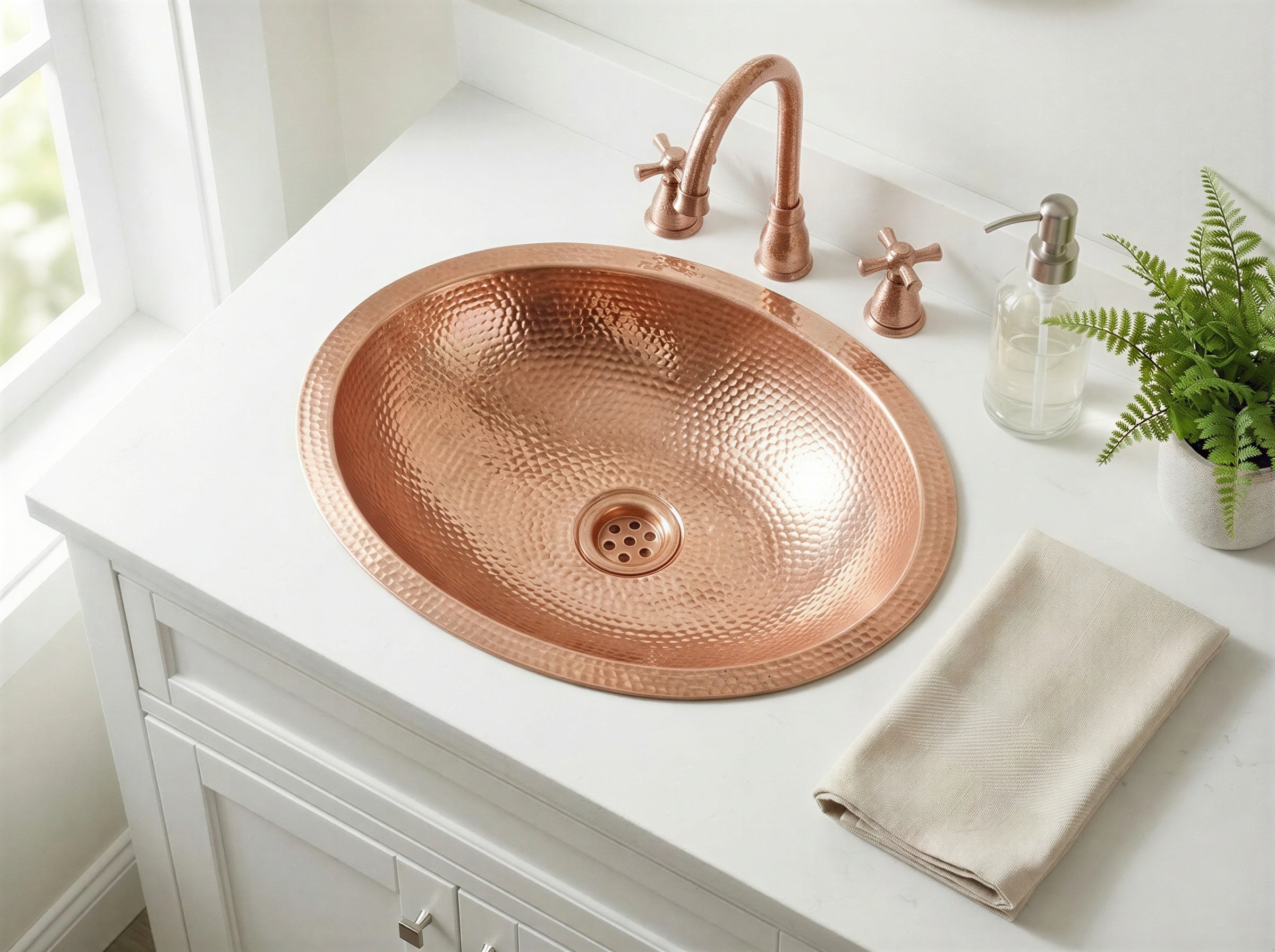 Handmade Copper Oval Drop in Bathroom Sink, Rustic Undermount Farmhouse Vanity Basin