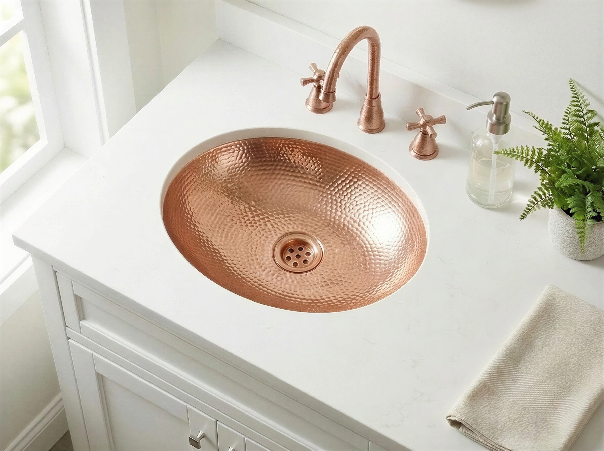 Handmade Copper Oval Drop in Bathroom Sink, Rustic Undermount Farmhouse Vanity Basin