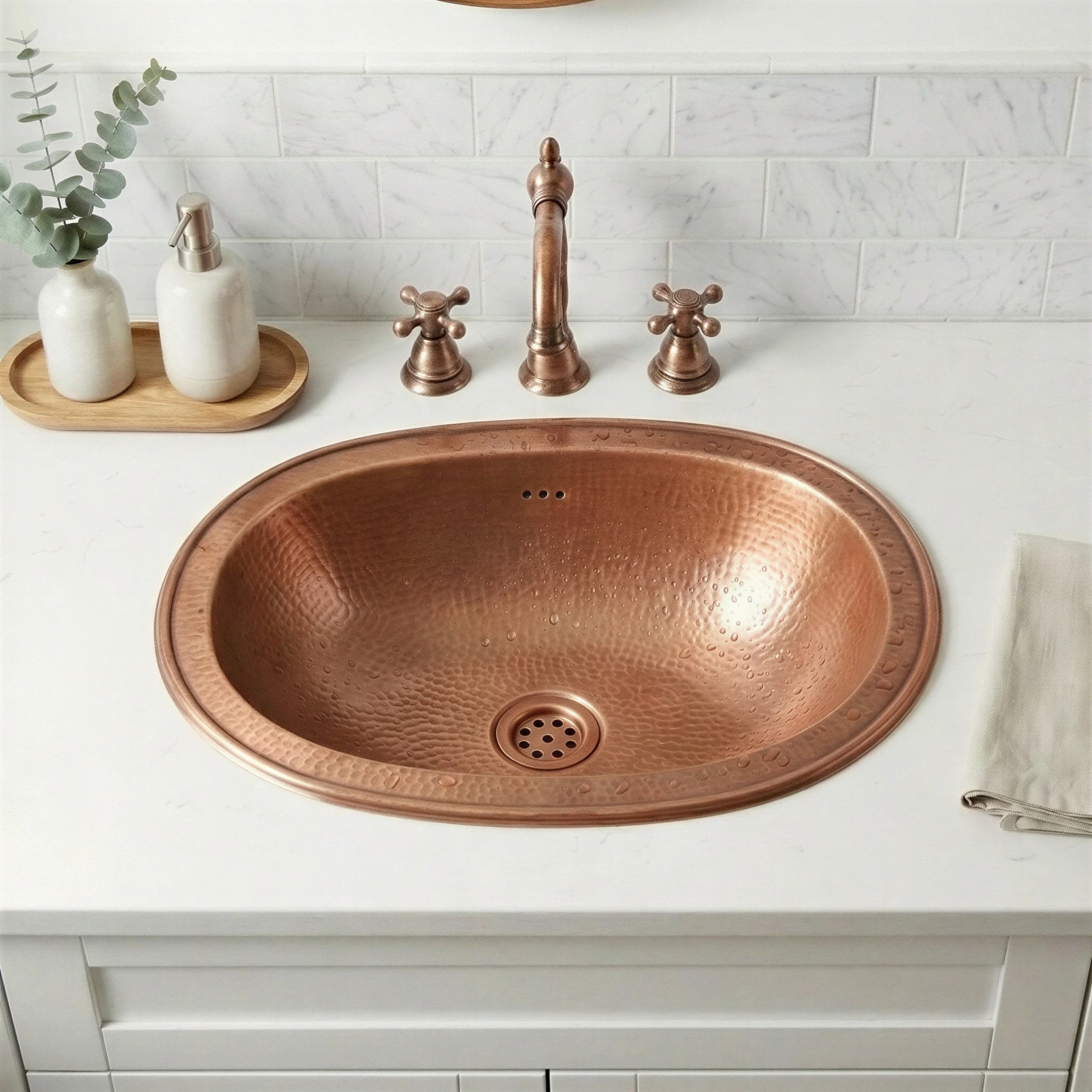 Oval Copper Bathroom Sink, Drop In Basin with Overflow, Rustic Farmhouse Washbasin, Handmade Drop In Copper Sink