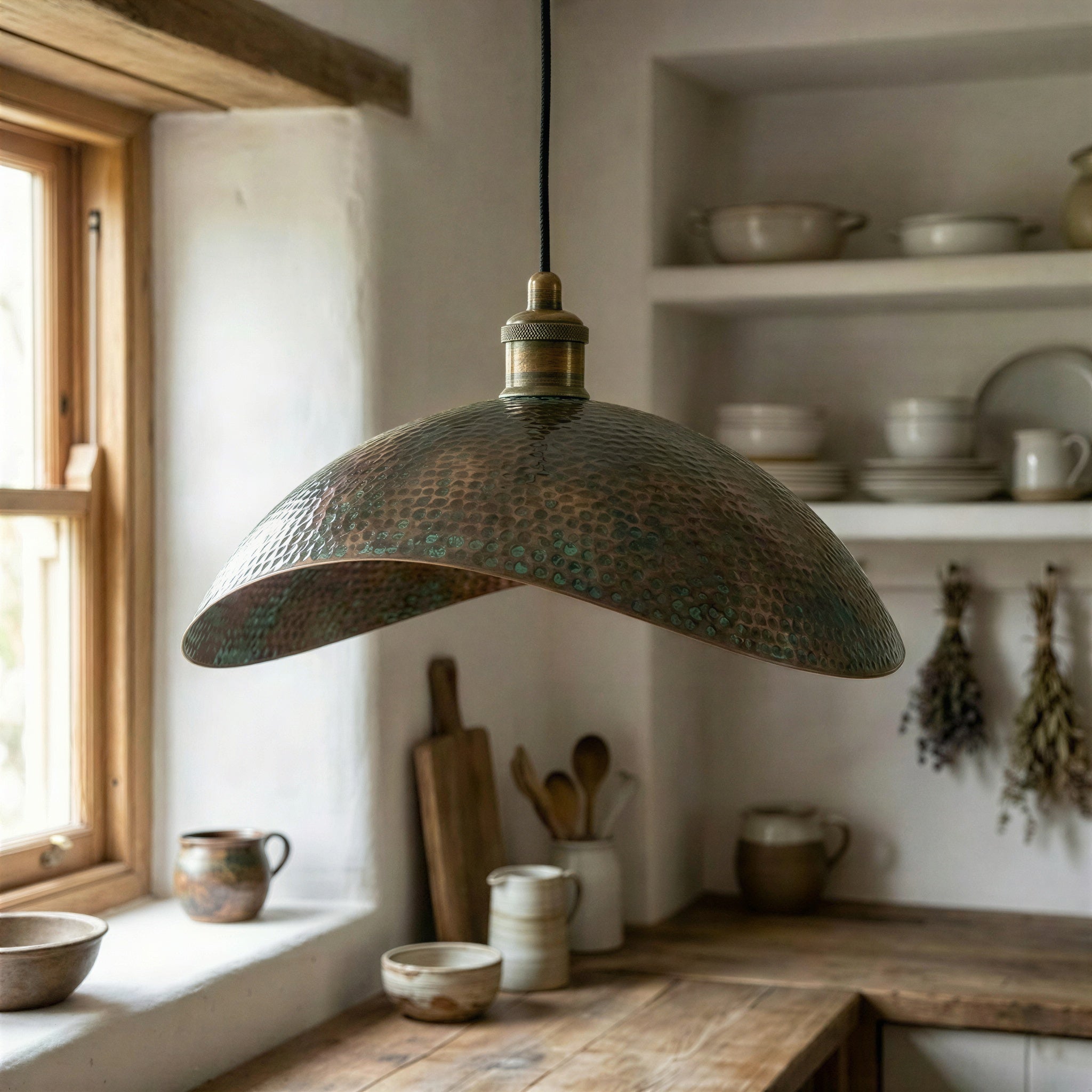 Copper Pendant Light Verdigris Patina – Hammered Dome Shade with Wavy Rim