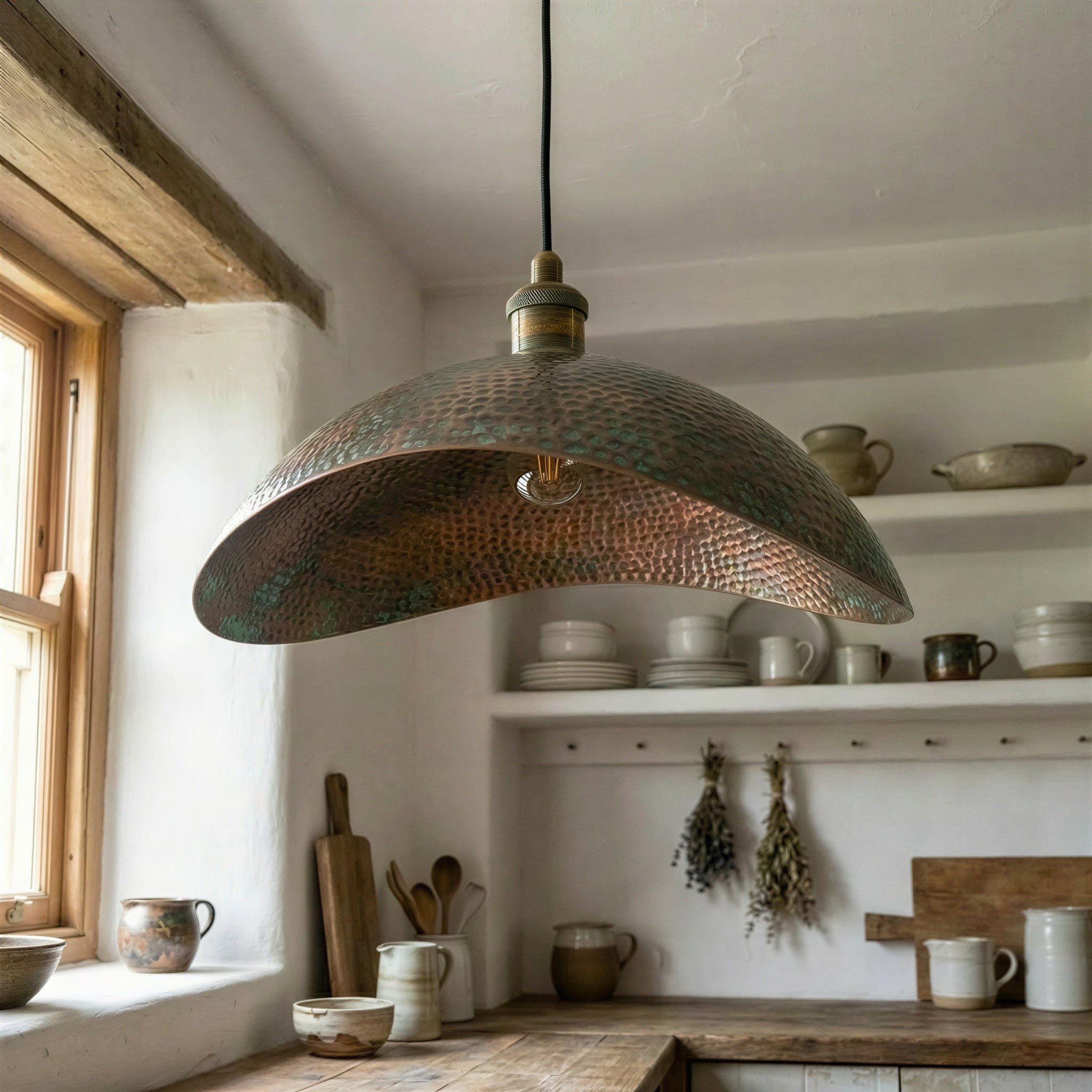 Copper Pendant Light Verdigris Patina – Hammered Dome Shade with Wavy Rim