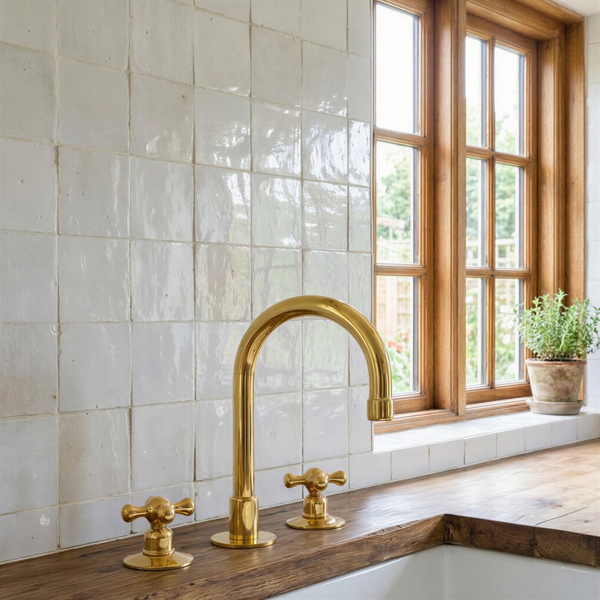 Unlacquered Brass Widespread Faucet with Cross Handles, High Arc Gooseneck Spout, 3-Hole Deck Mount Mixer