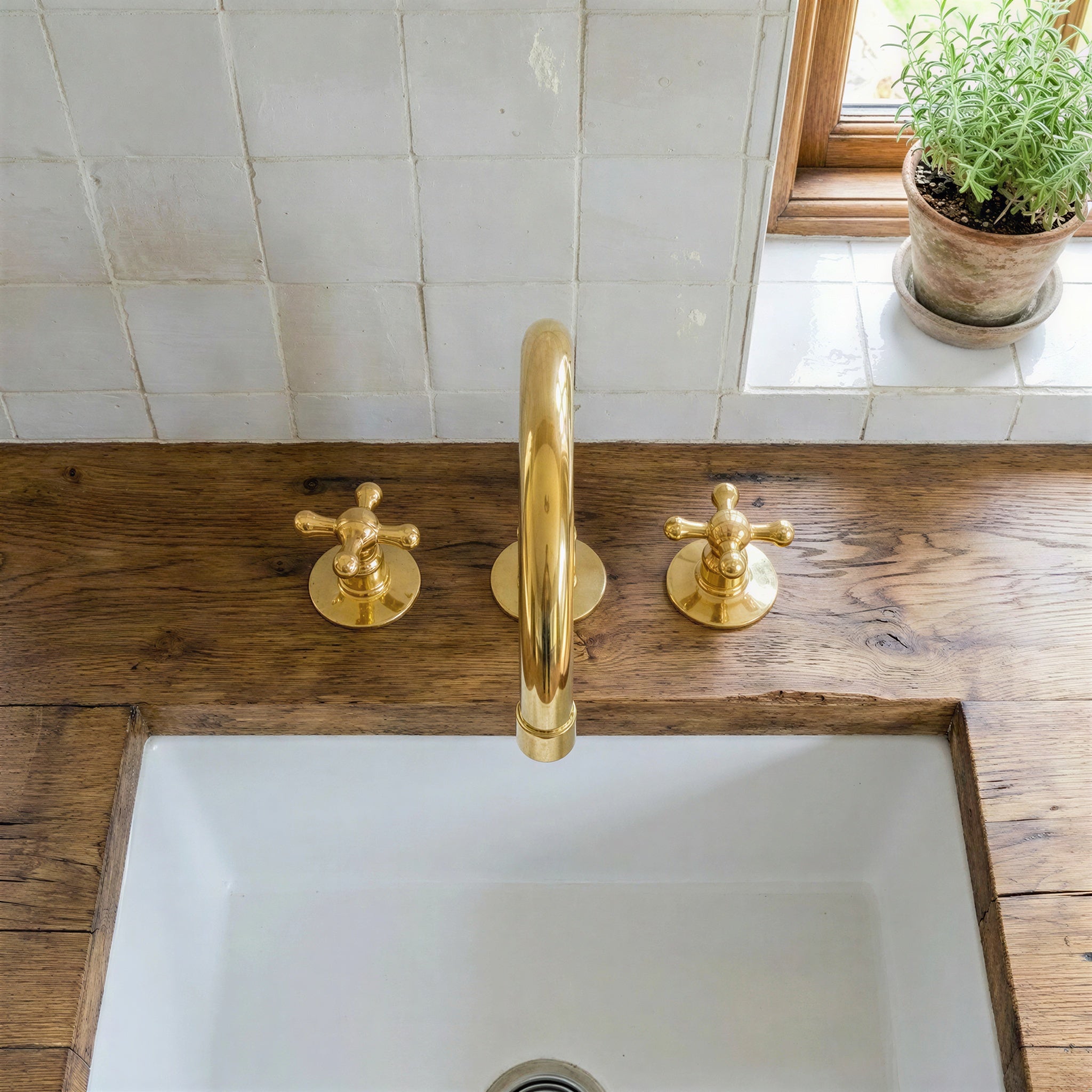 Unlacquered Brass Widespread Faucet with Cross Handles, High Arc Gooseneck Spout, 3-Hole Deck Mount Mixer