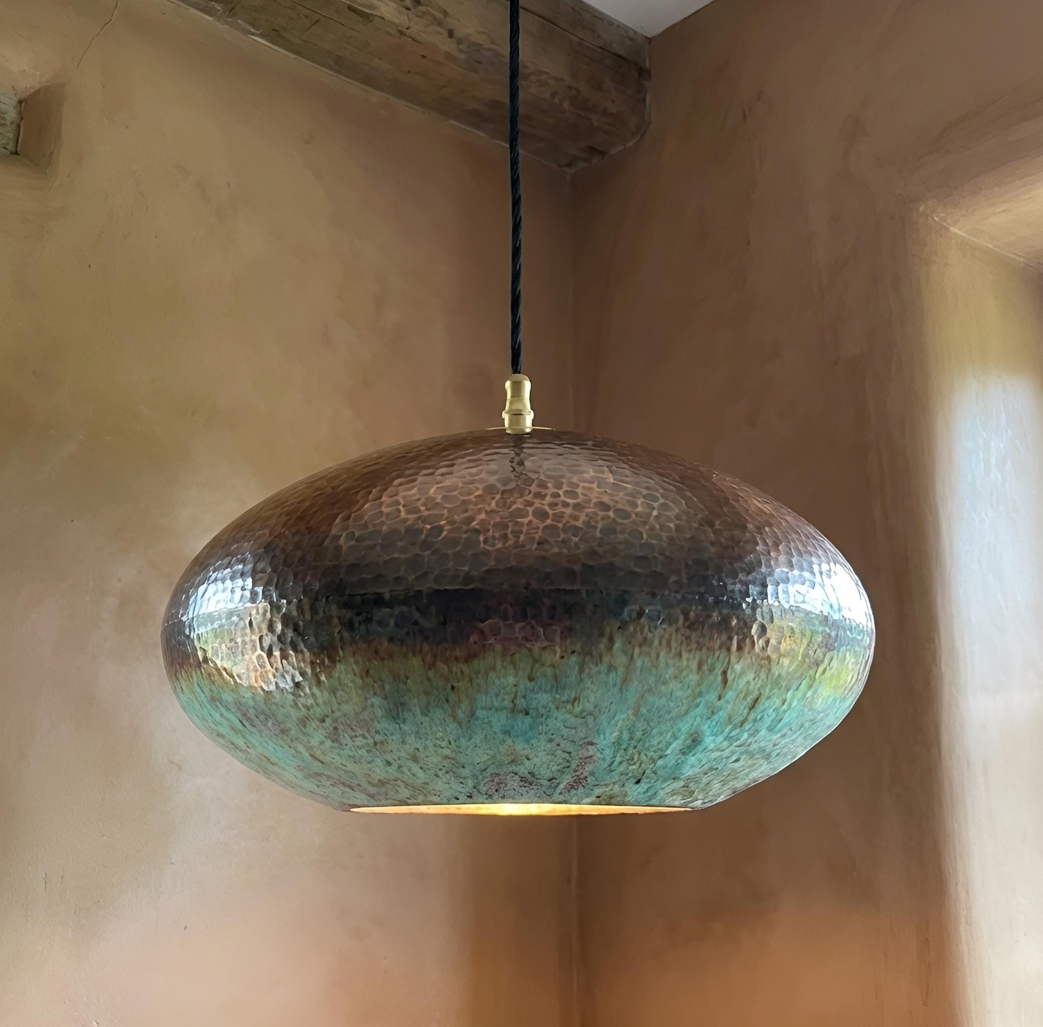 Verdigris Copper Pendant | Hand-Hammered Patina Hanging Lamp for Kitchen Island