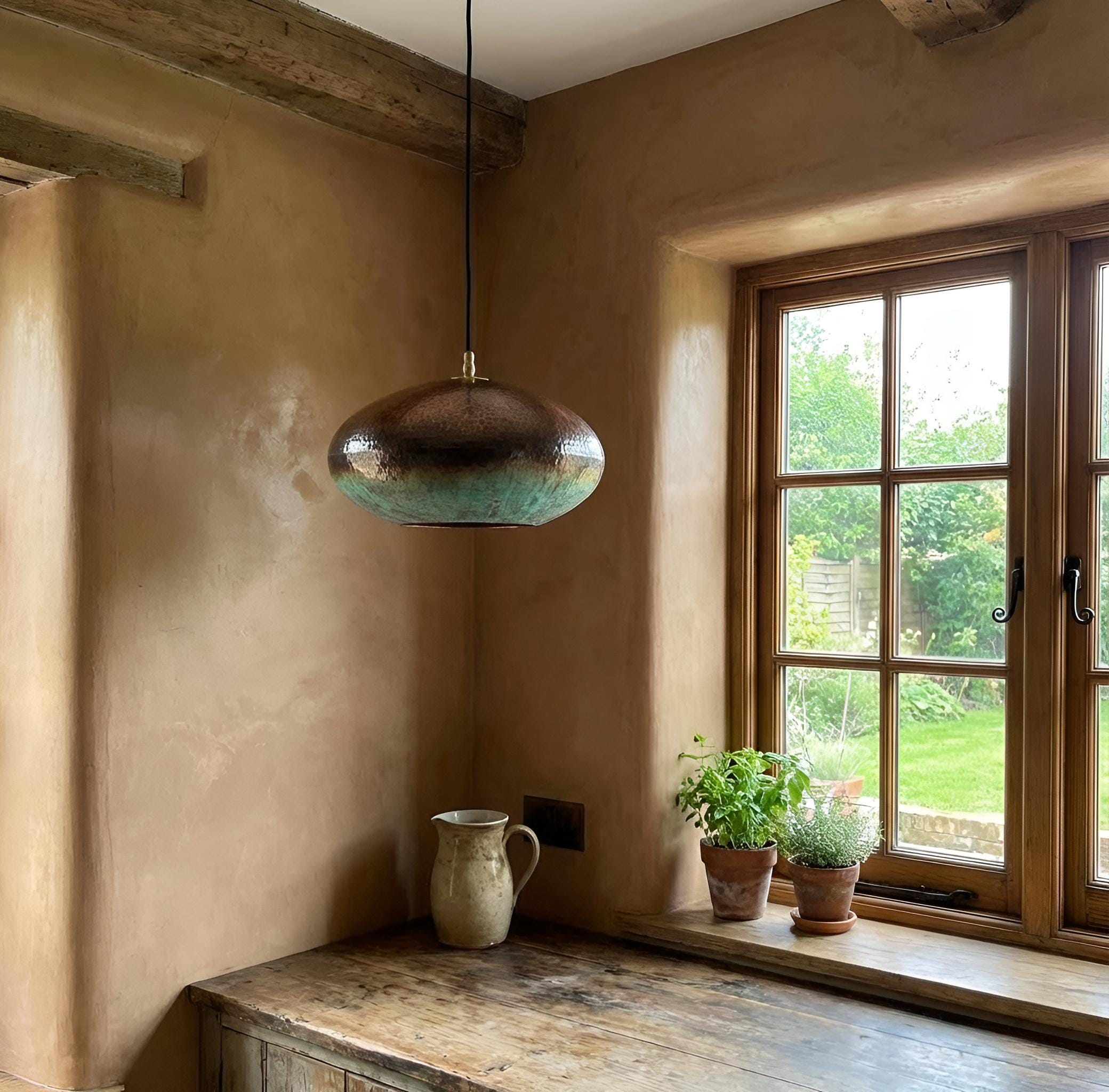 Verdigris Copper Pendant | Hand-Hammered Patina Hanging Lamp for Kitchen Island