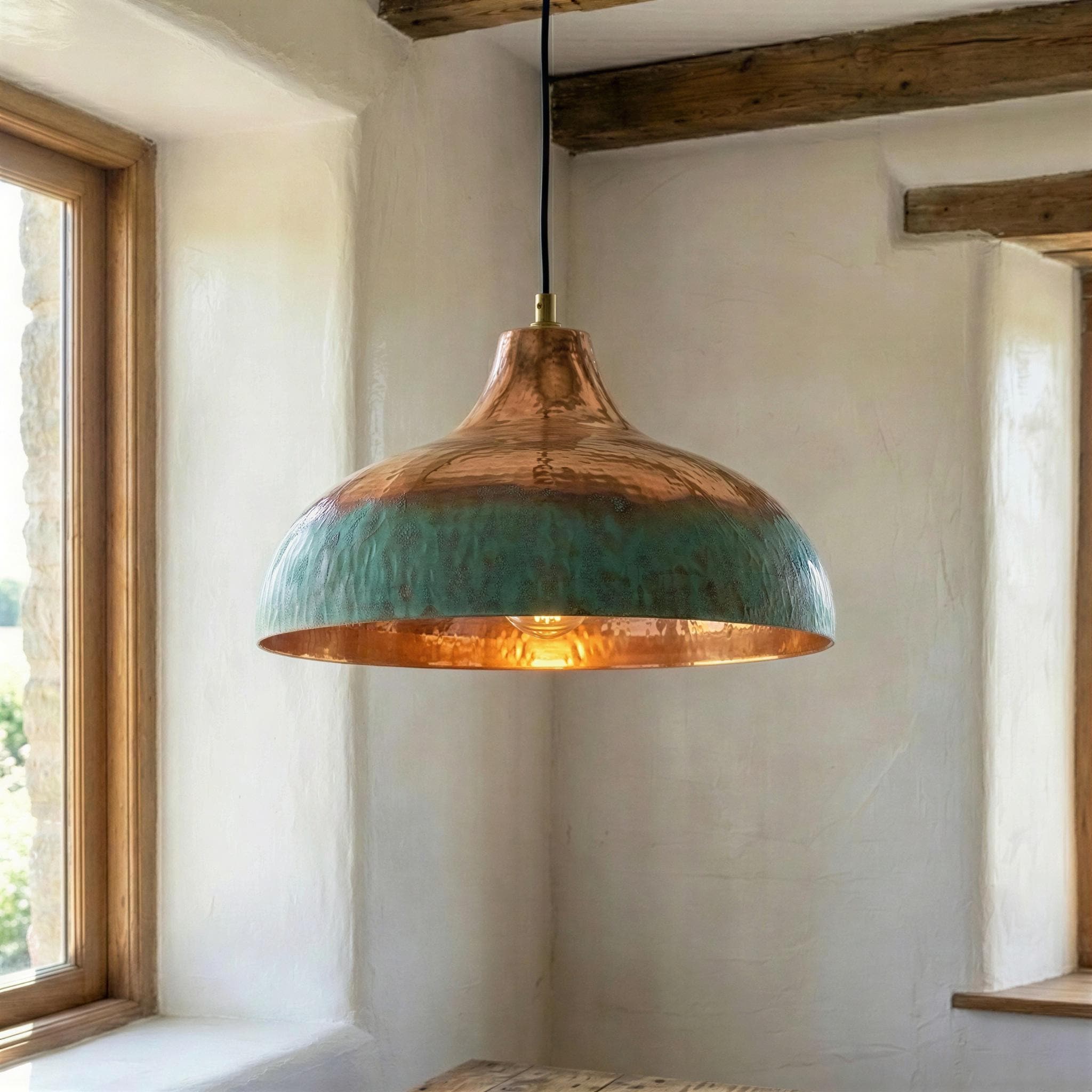 Two Tone Copper Pendant Light, Half Oxidized Verdigris Dome, Green and Copper Shade
