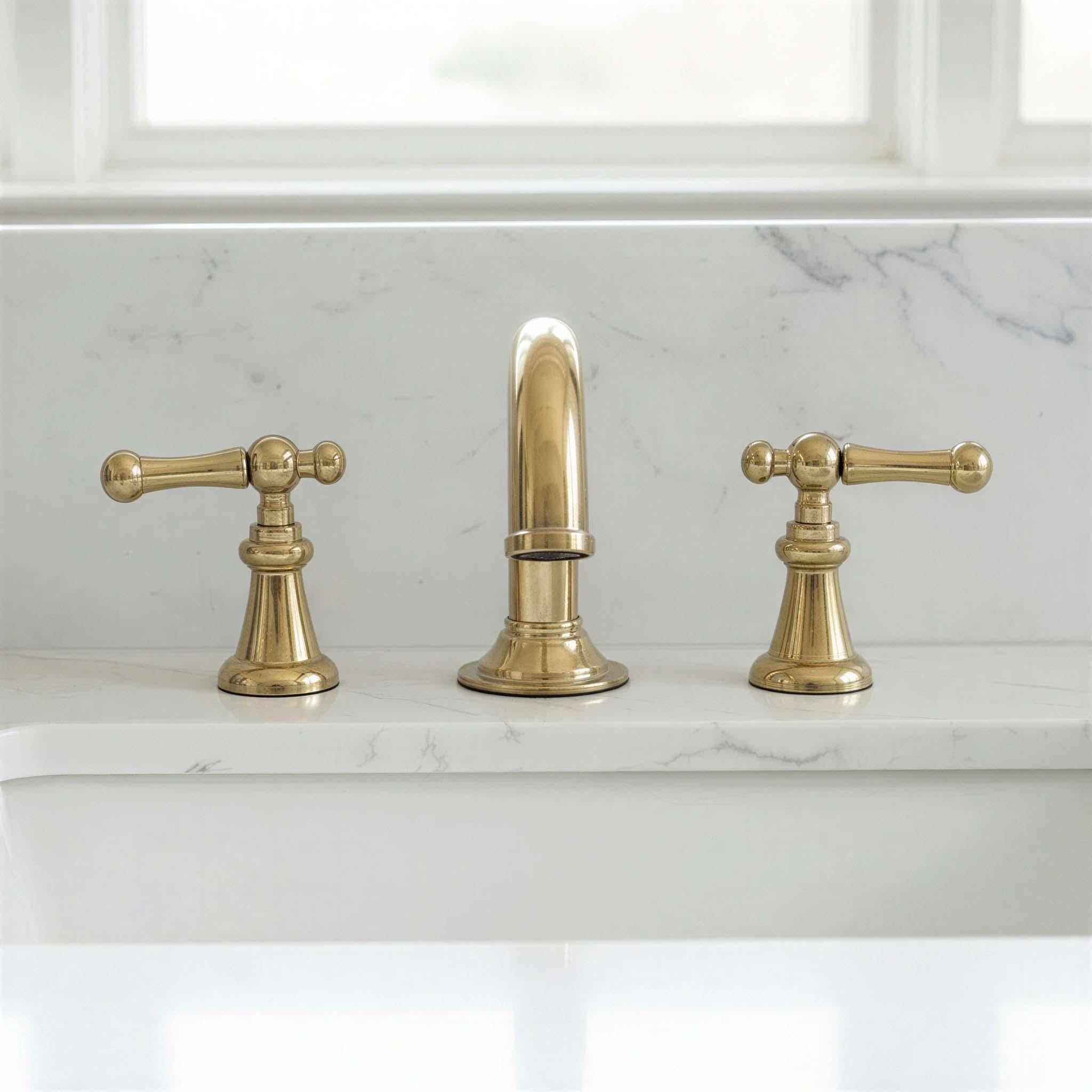 Unlacquered Widespread Brass Bathroom Sink Faucet: Solid Tap Mixer with Lever Handles
