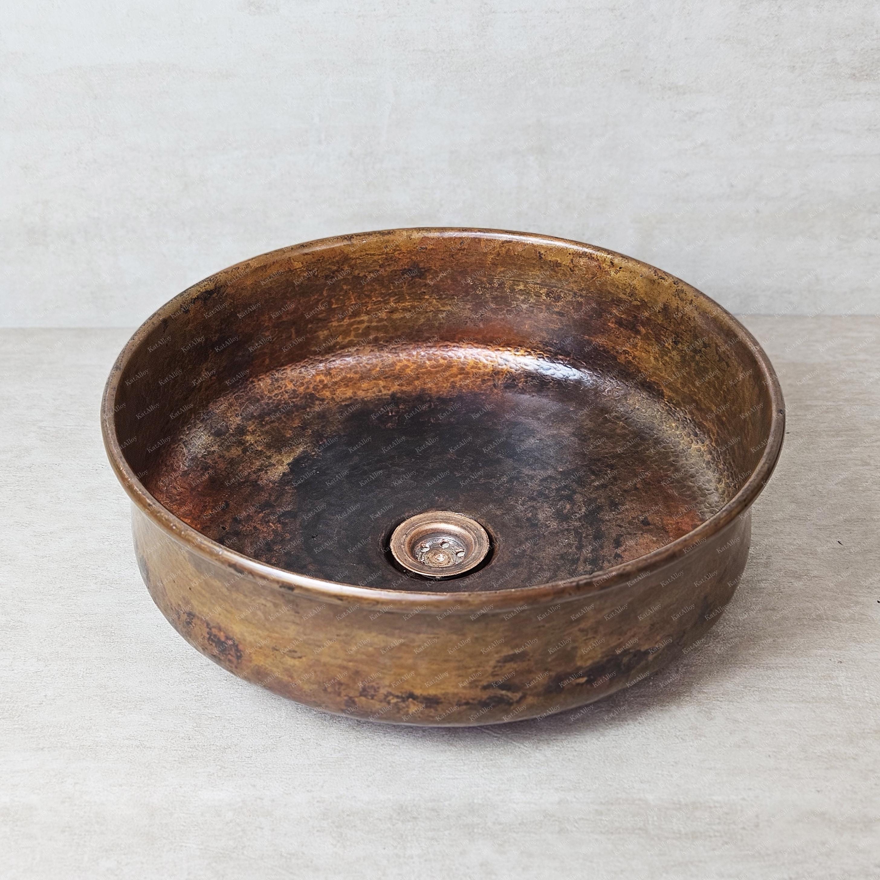 Rustic Copper Bathroom Vessel Sink, Dark Patina, Round Wash Basin