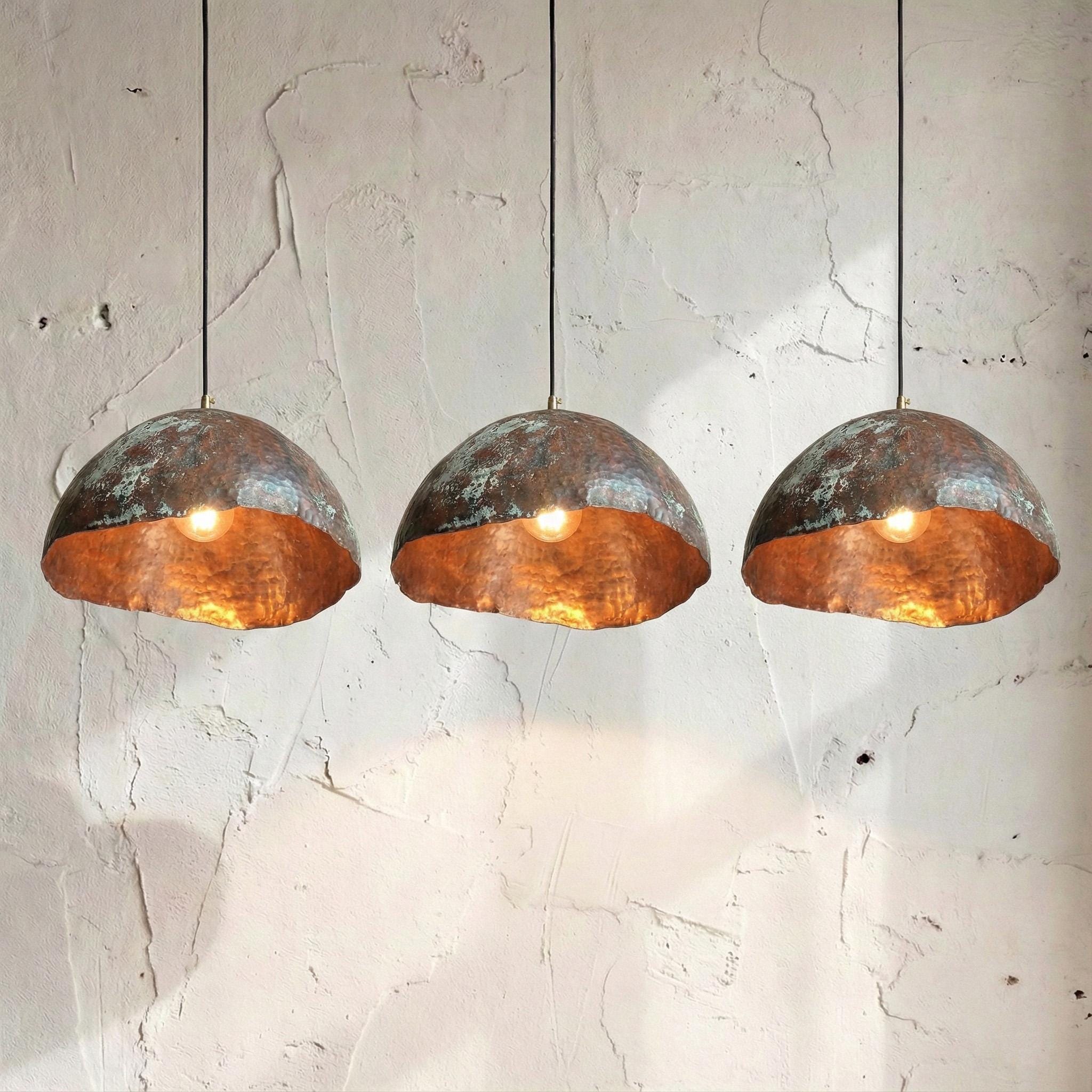 Set of 3 Handmade Copper Pendant Lights, Rustic Farmhouse Kitchen Island Lighting