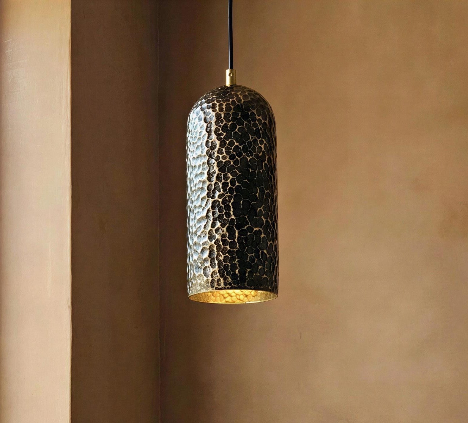Hammered Brass Pendant Light, Handcrafted Cylindrical Hanging Lamp, Brass Kitchen Island Lighting
