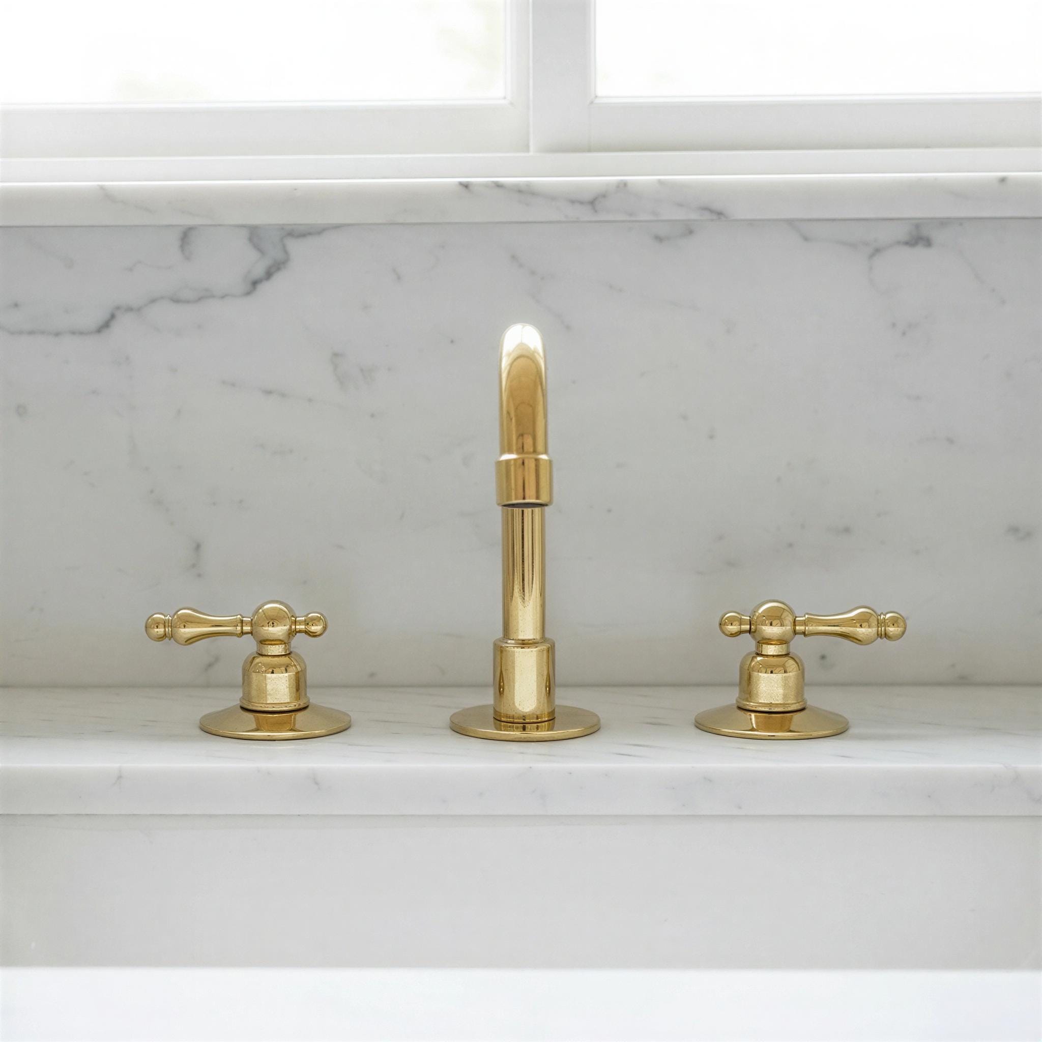 Unlacquered Brass 3-Hole Bathroom Faucet - Widespread Vanity Sink Tap with Lever Handles