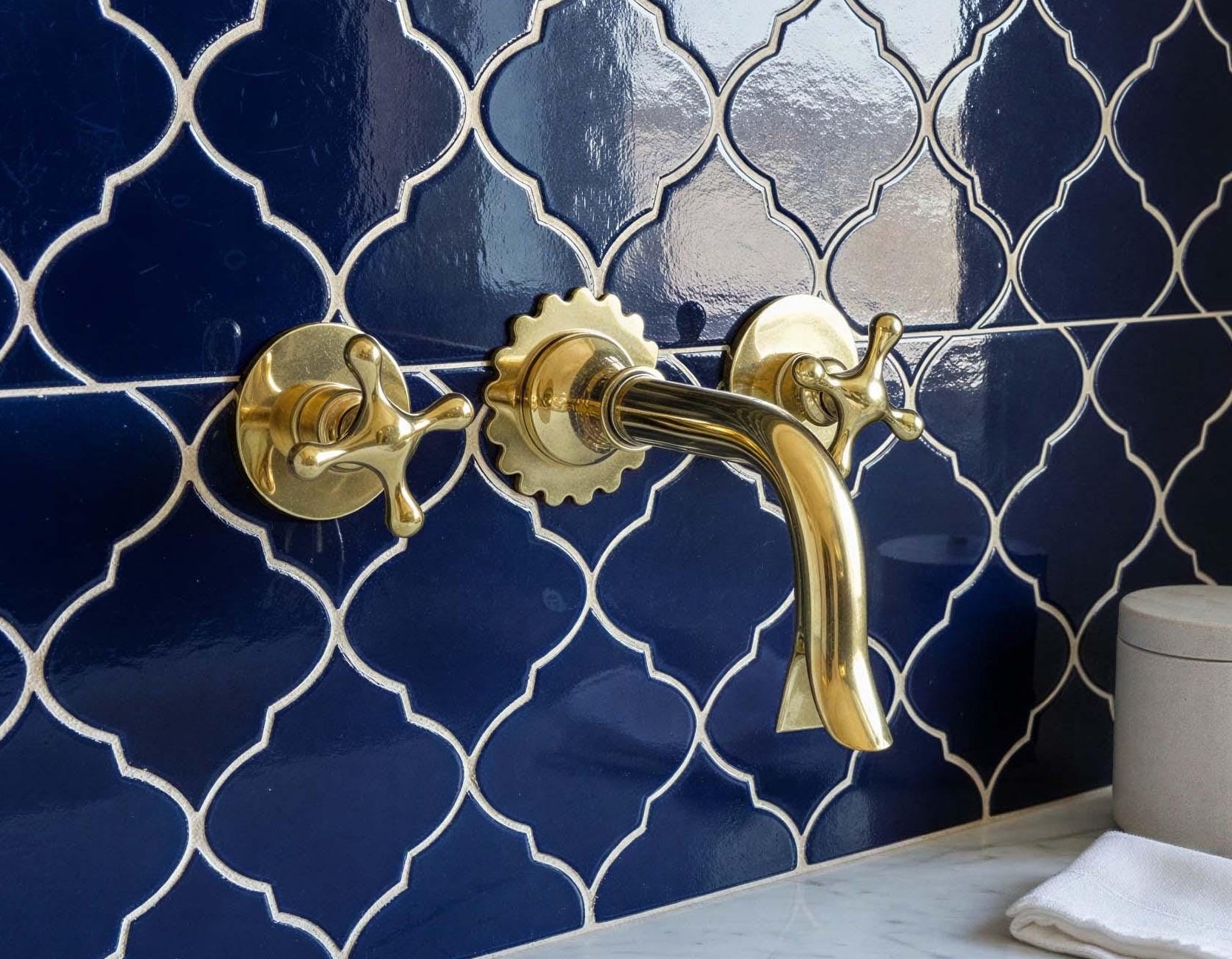 Unlacquered Brass Wall Mount Faucet with Cross Handles, Scalloped Design