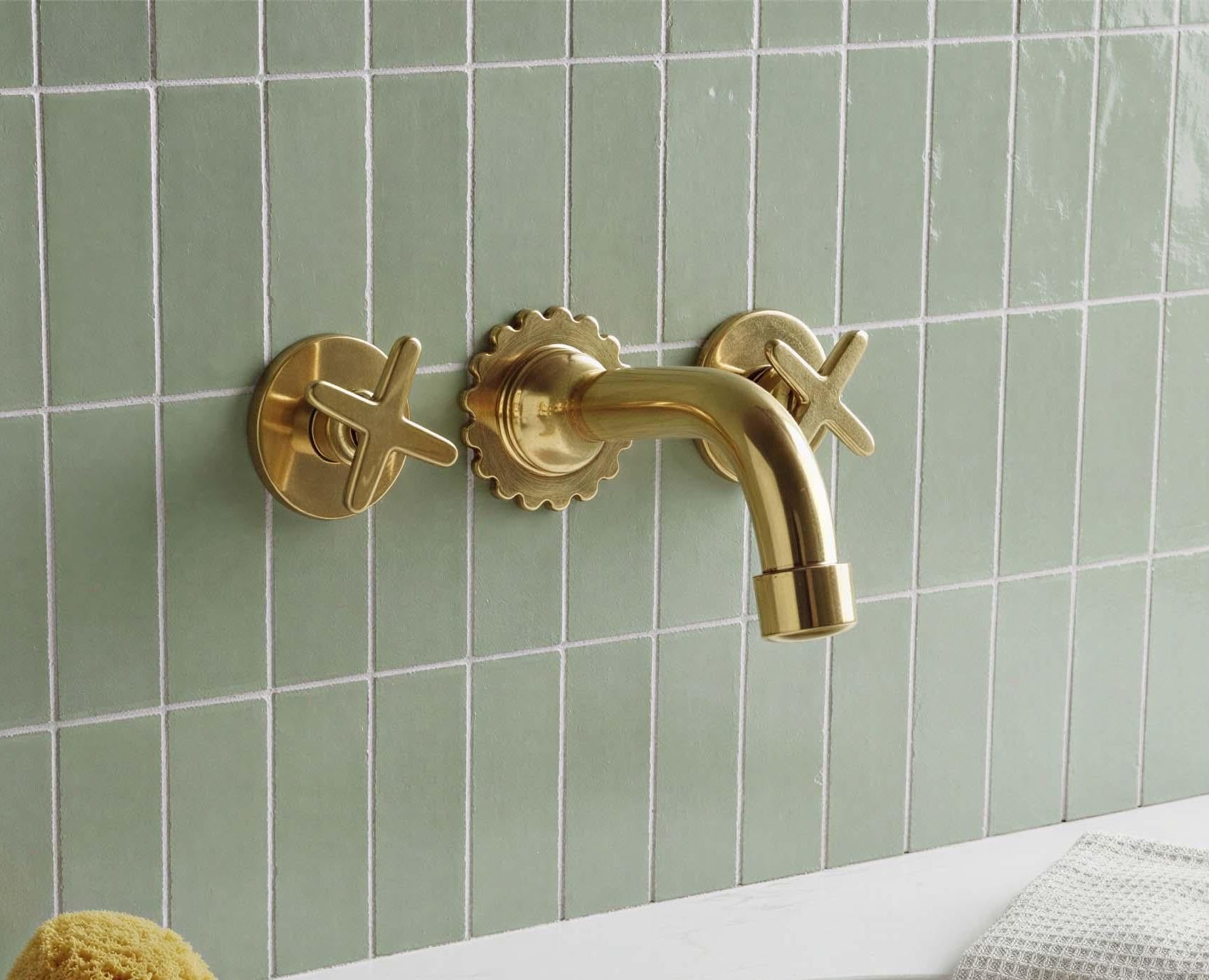 Unlacquered Tap Mixer with Cross Handles - Handmade Wall Mount Bathroom Brass Faucet