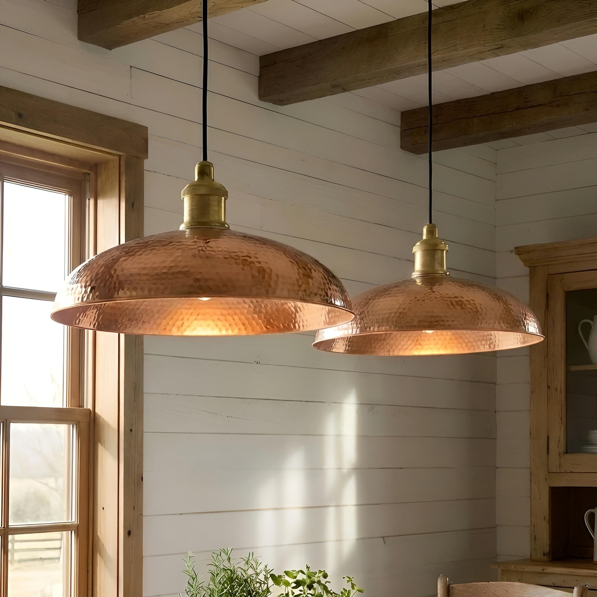 Set of 2 Hammered Copper Barn Lights, Shallow Dome Pendants, Warehouse Shades