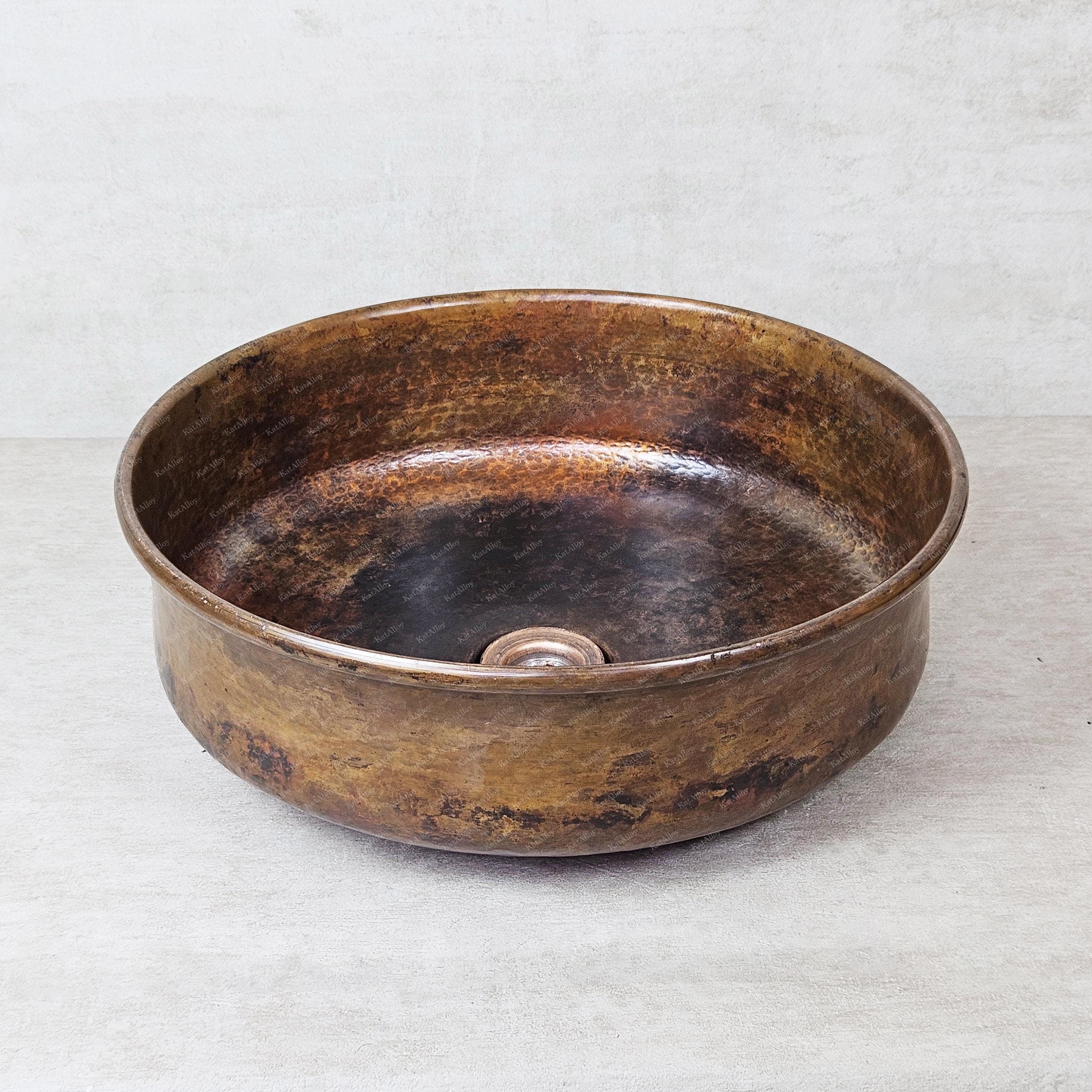 Rustic Copper Bathroom Vessel Sink, Dark Patina, Round Wash Basin