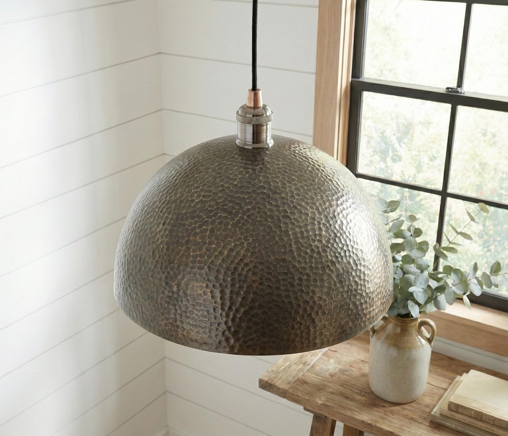 Hammered Aged Brass Pendant Light, Antique Brass Kitchen Lamp, Rustic HandmadeFarmhouse Ceiling Fixture