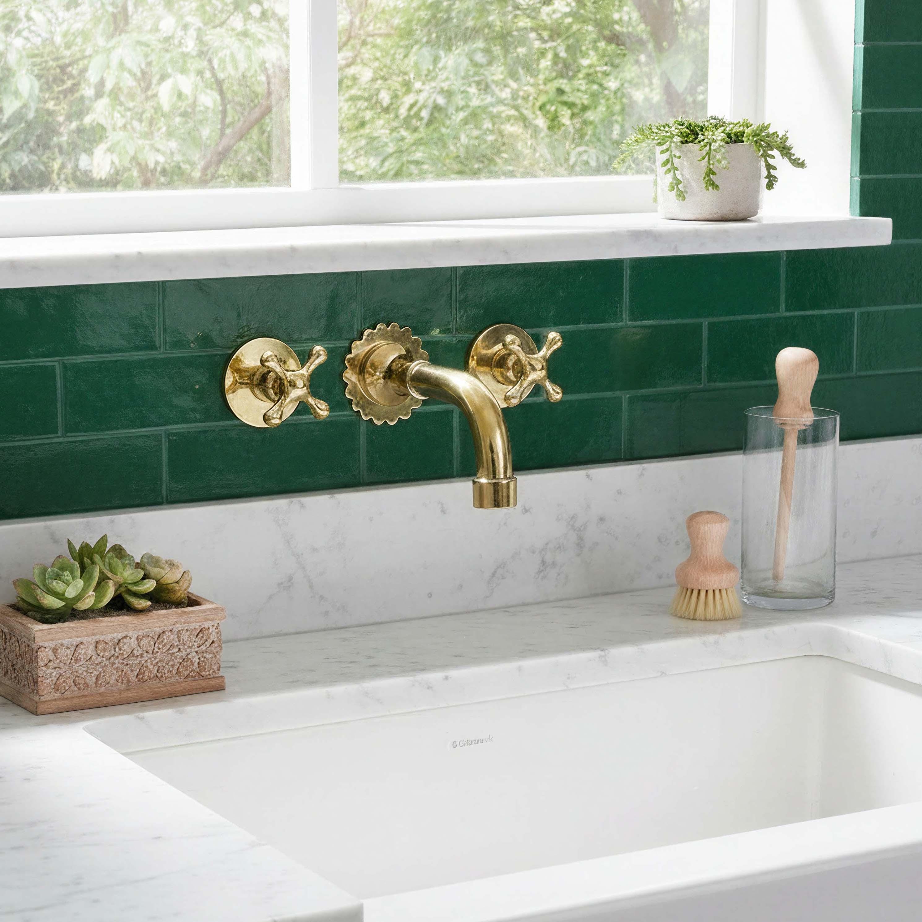 Unlacquered Brass Wall Mount Faucet - Scalloped Backplate, Ball Cross Handles