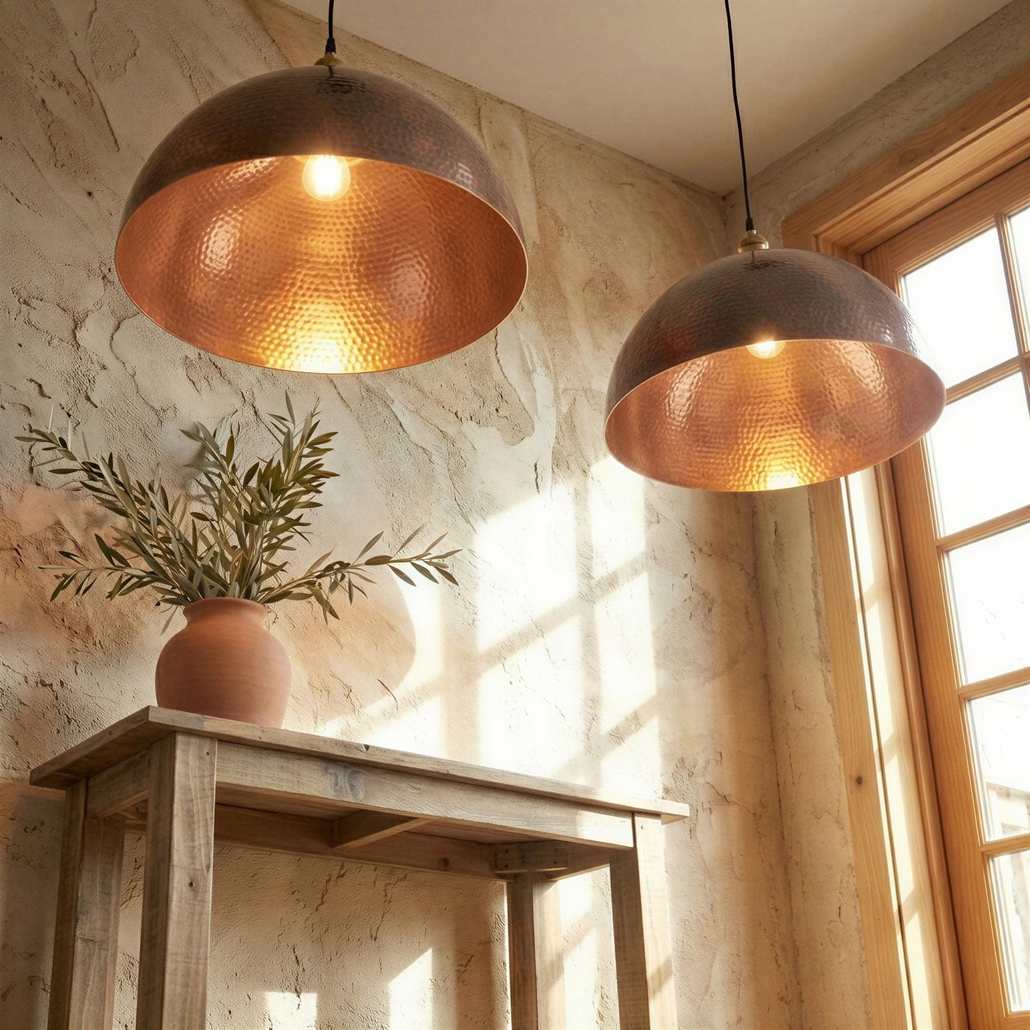 Set of 2 Rustic Copper Pendant, Two Large Dome Shade, Aged Finish Farmhouse Lamp