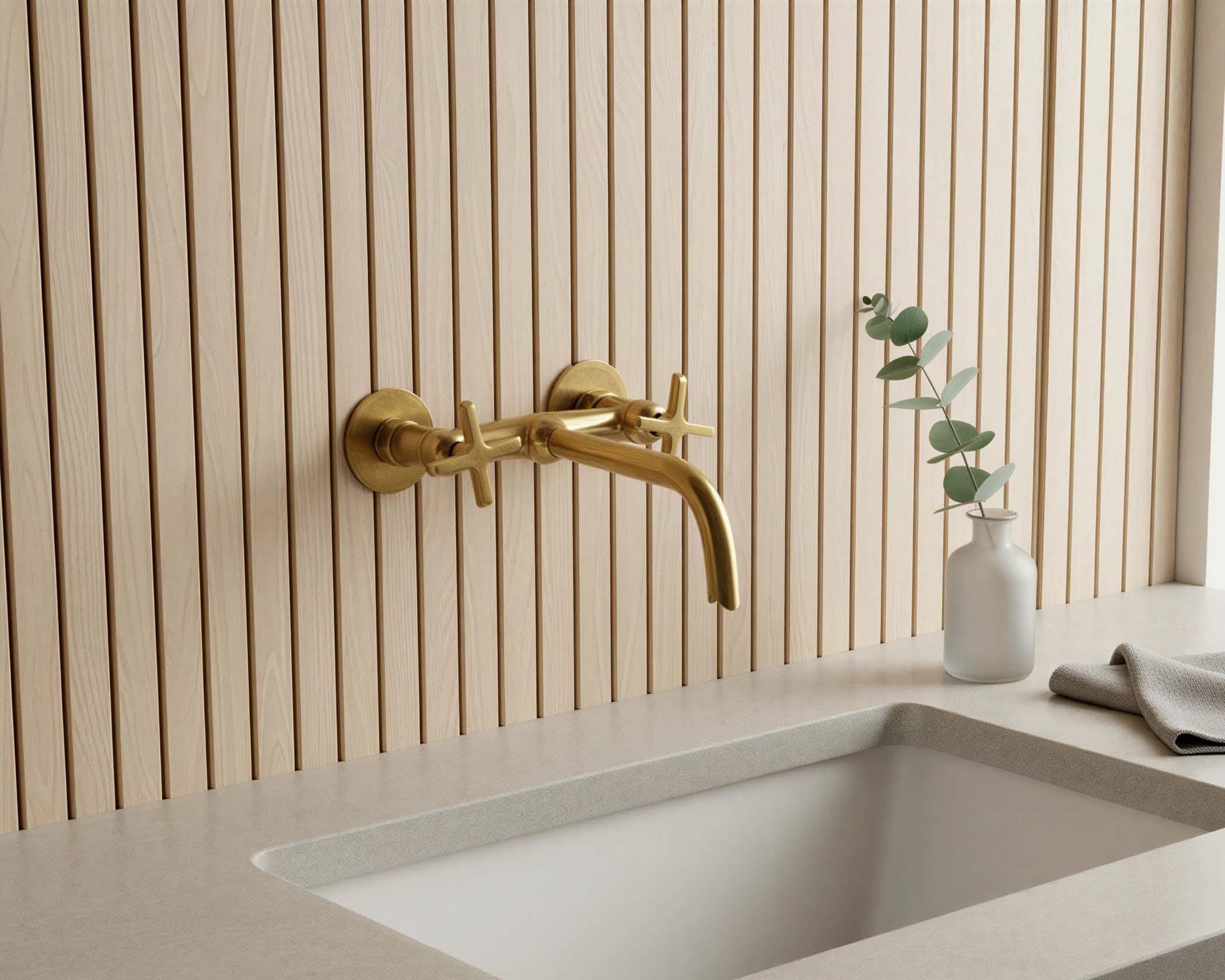 Handmade Unlacquered Brass Wall Mount Faucet, Cross Handle Sink Mixer