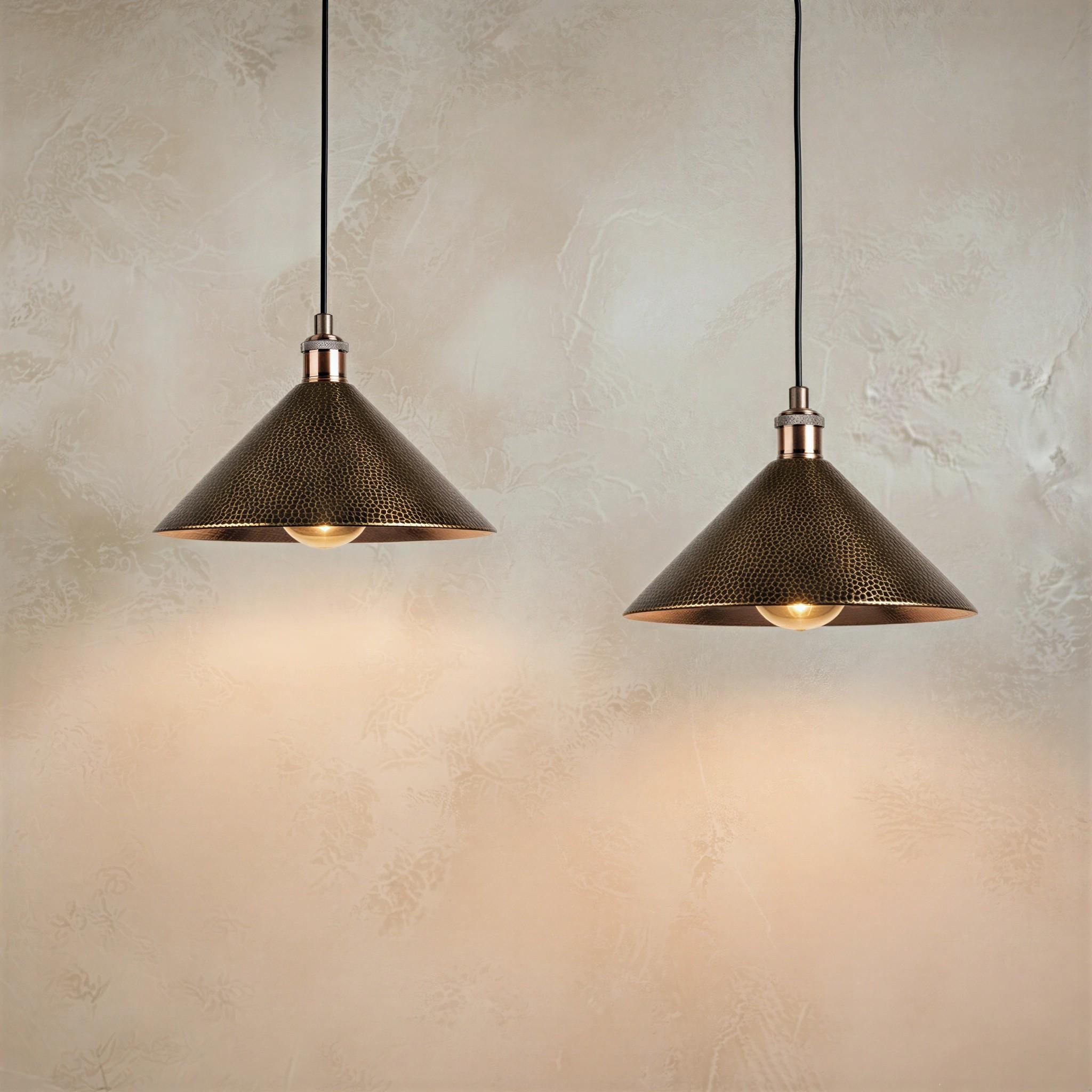 Antique Brass Cone Pendant, Hammered Metal Hanging Lamp, Aged Brass Ceiling Light