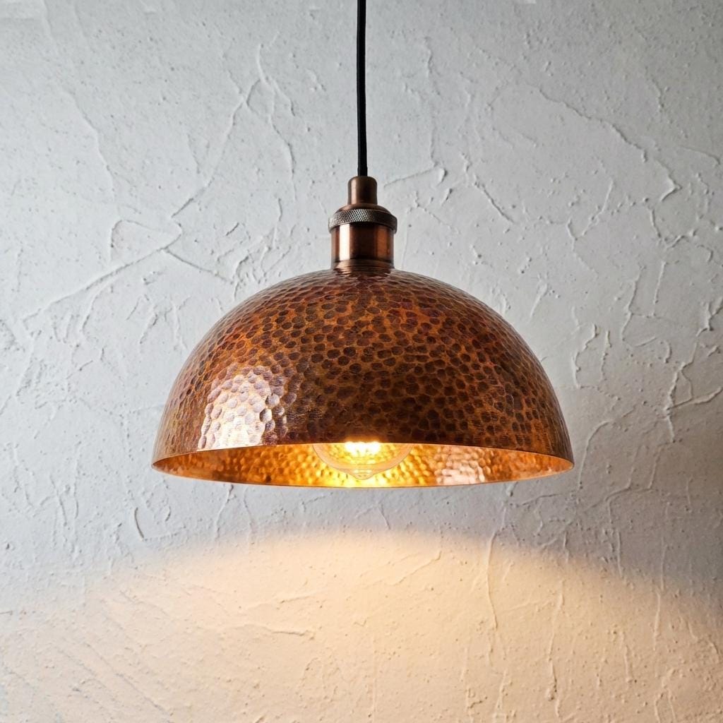 Set of 2 Hammered Copper Dome Pendant Lights, Rustic Industrial Lighting