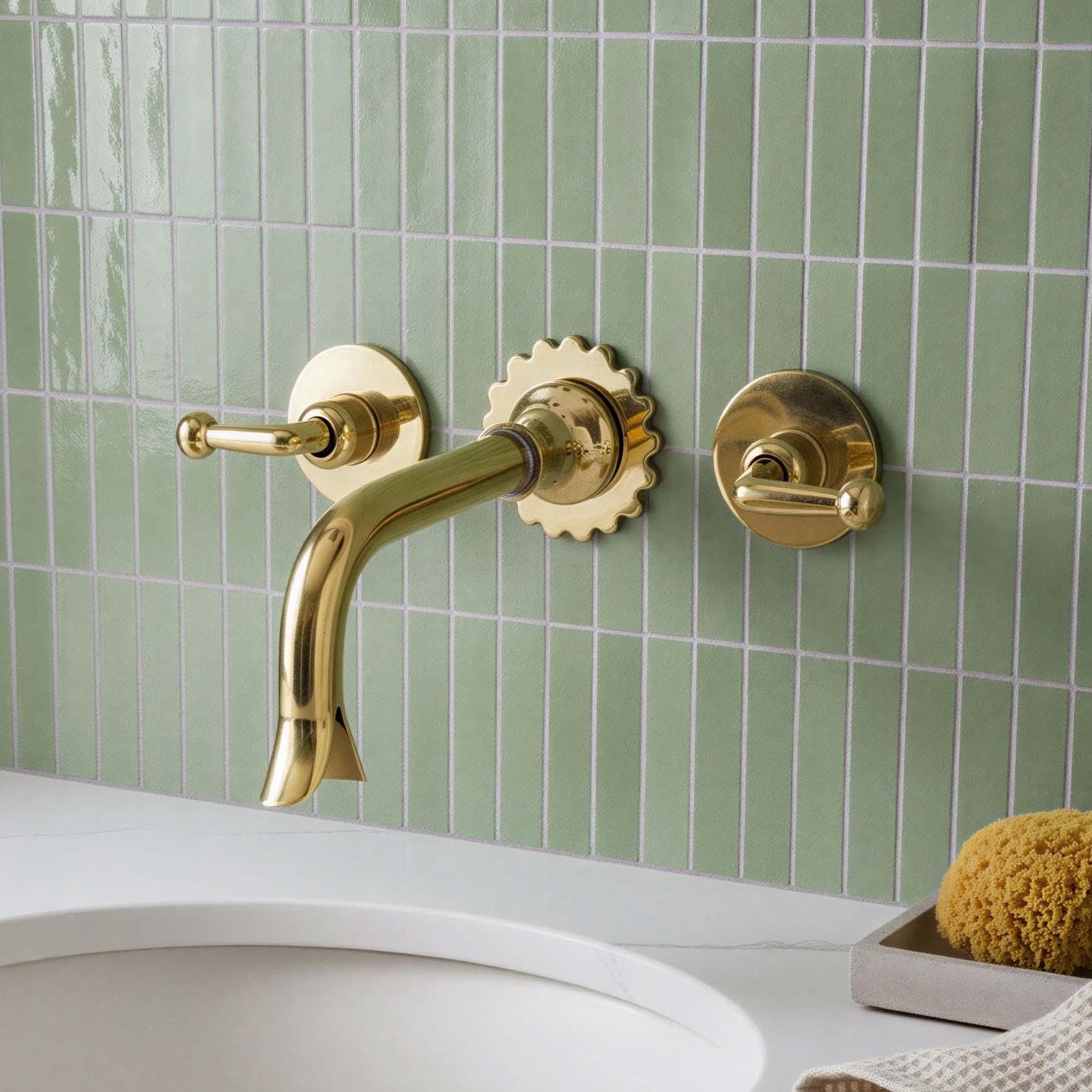 Unlacquered Wall Mount Bathroom Brass Faucet - Handmade Tap Mixer with Lever Handles