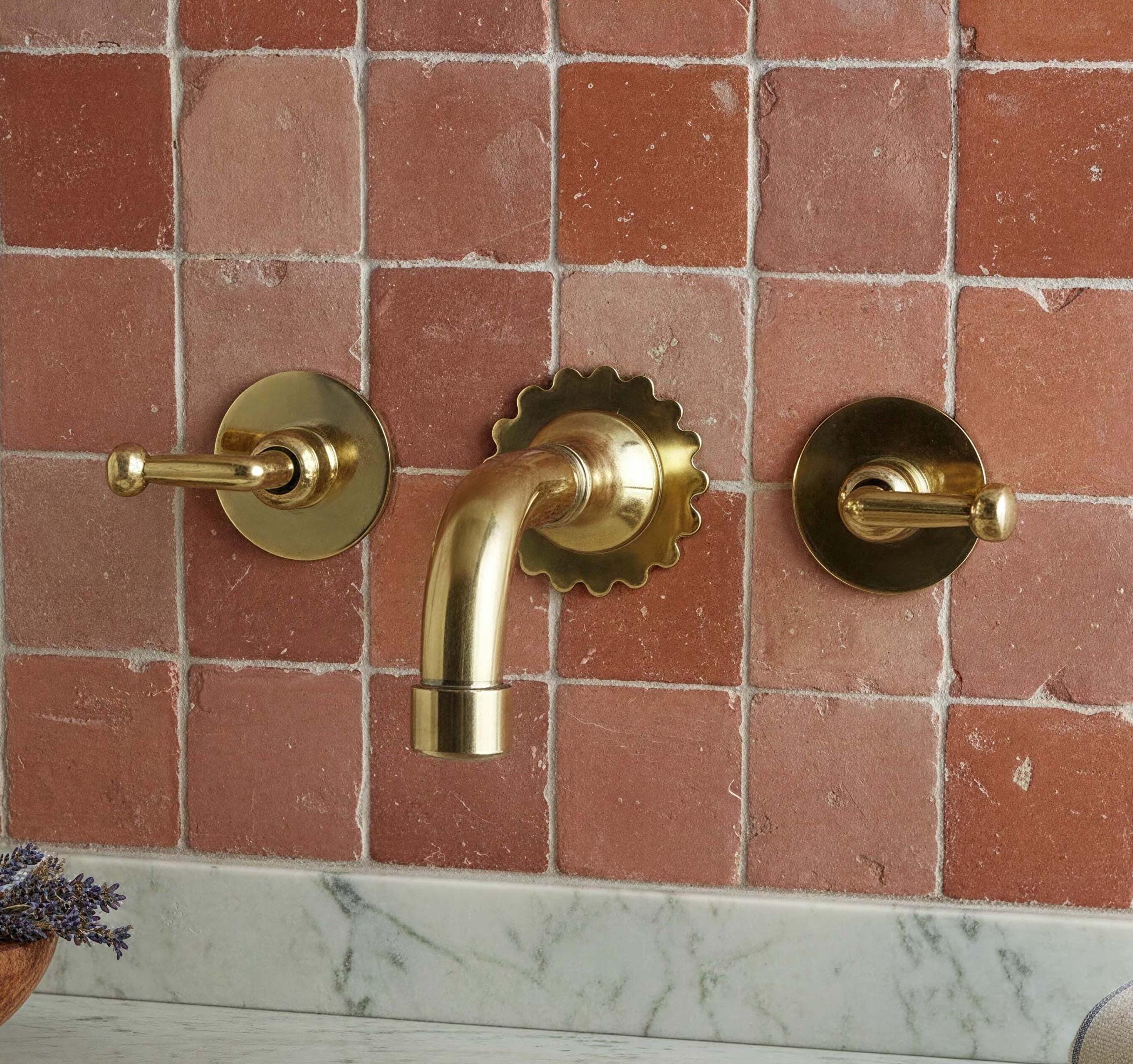 Unlacquered Brass Wall Mount Faucet - Scalloped Backplate Spout with Vintage Lever Handles