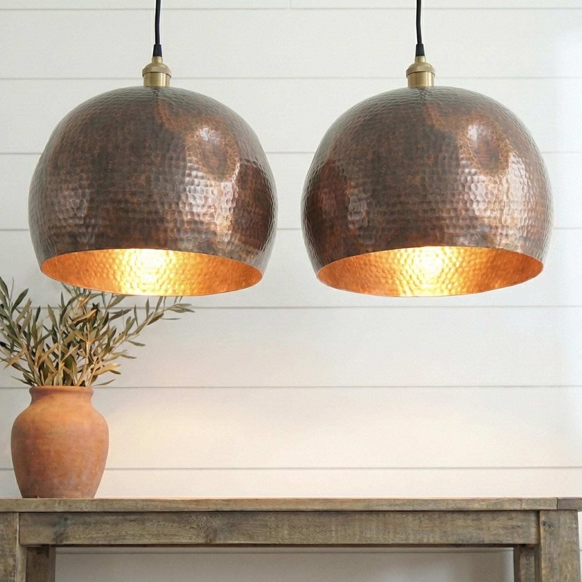 Set of 2 Hammered Copper Dome Pendant Lights, Rustic Hand Beaten Kitchen Lights