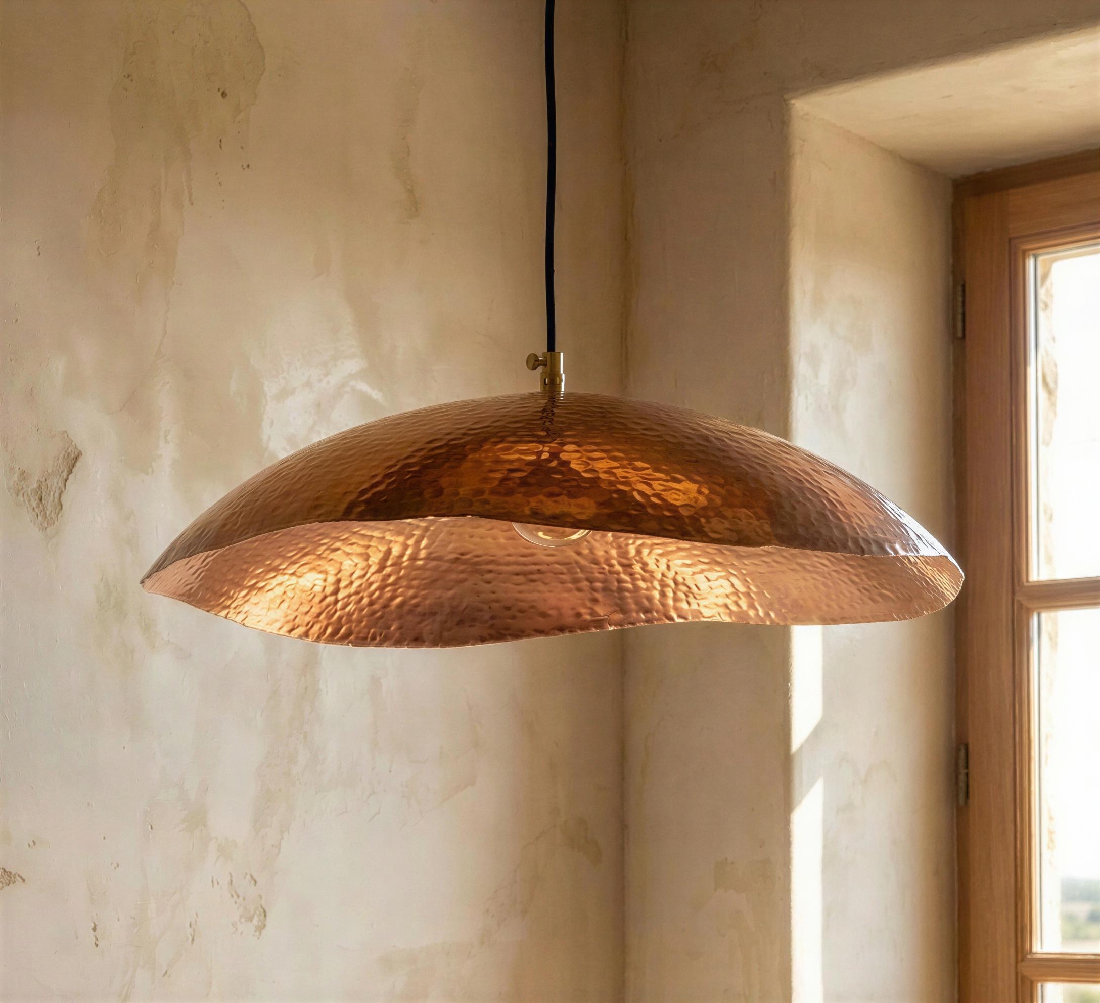 Wavy Copper Pendant Light, Shallow Organic Shade, Handcrafted Kitchen Island Lamp, Rustic Wabi Sabi Decor