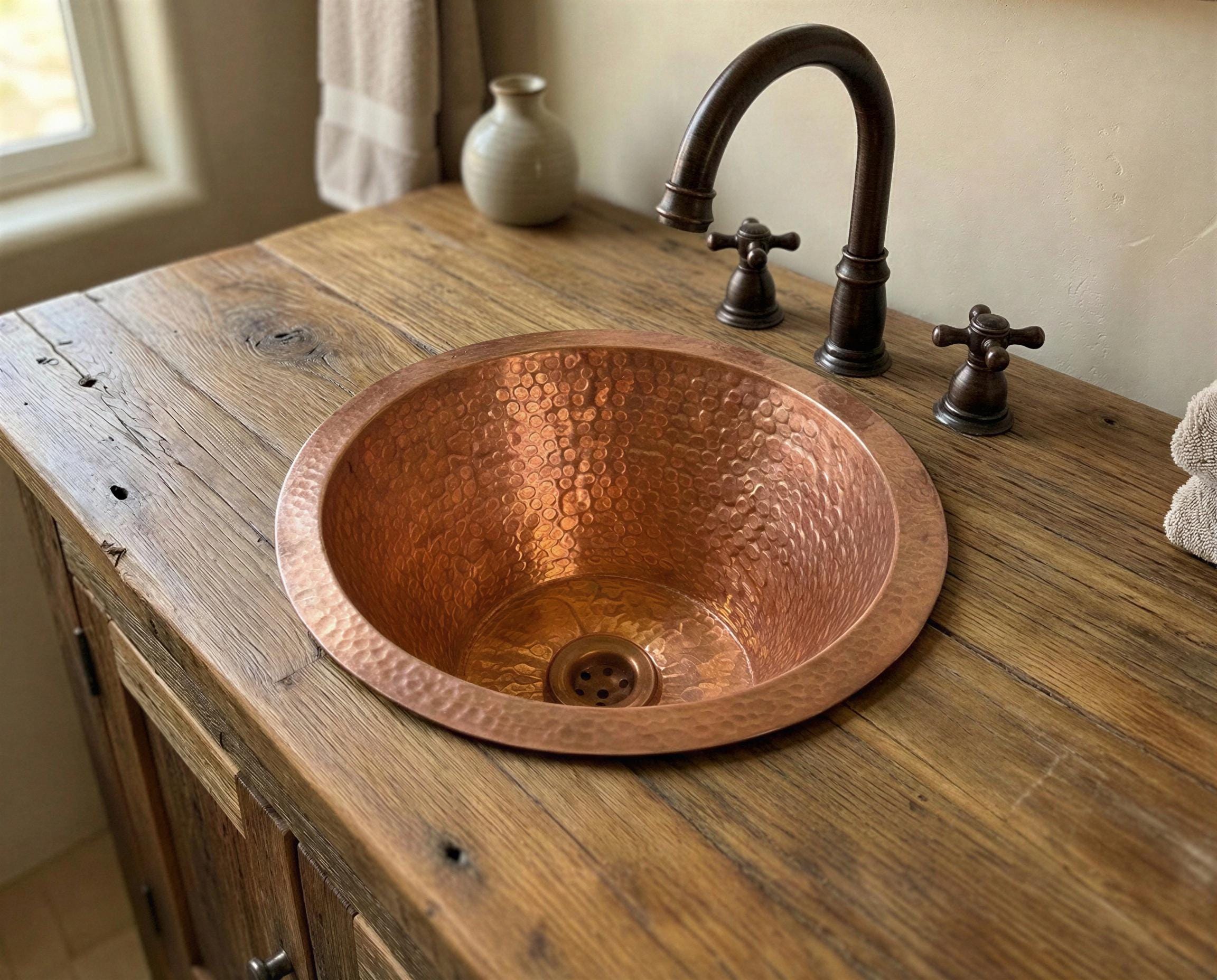 Round Drop In Copper Sink, Rustic Farmhouse Copper Washbasin, Powder Room Drop In Sink